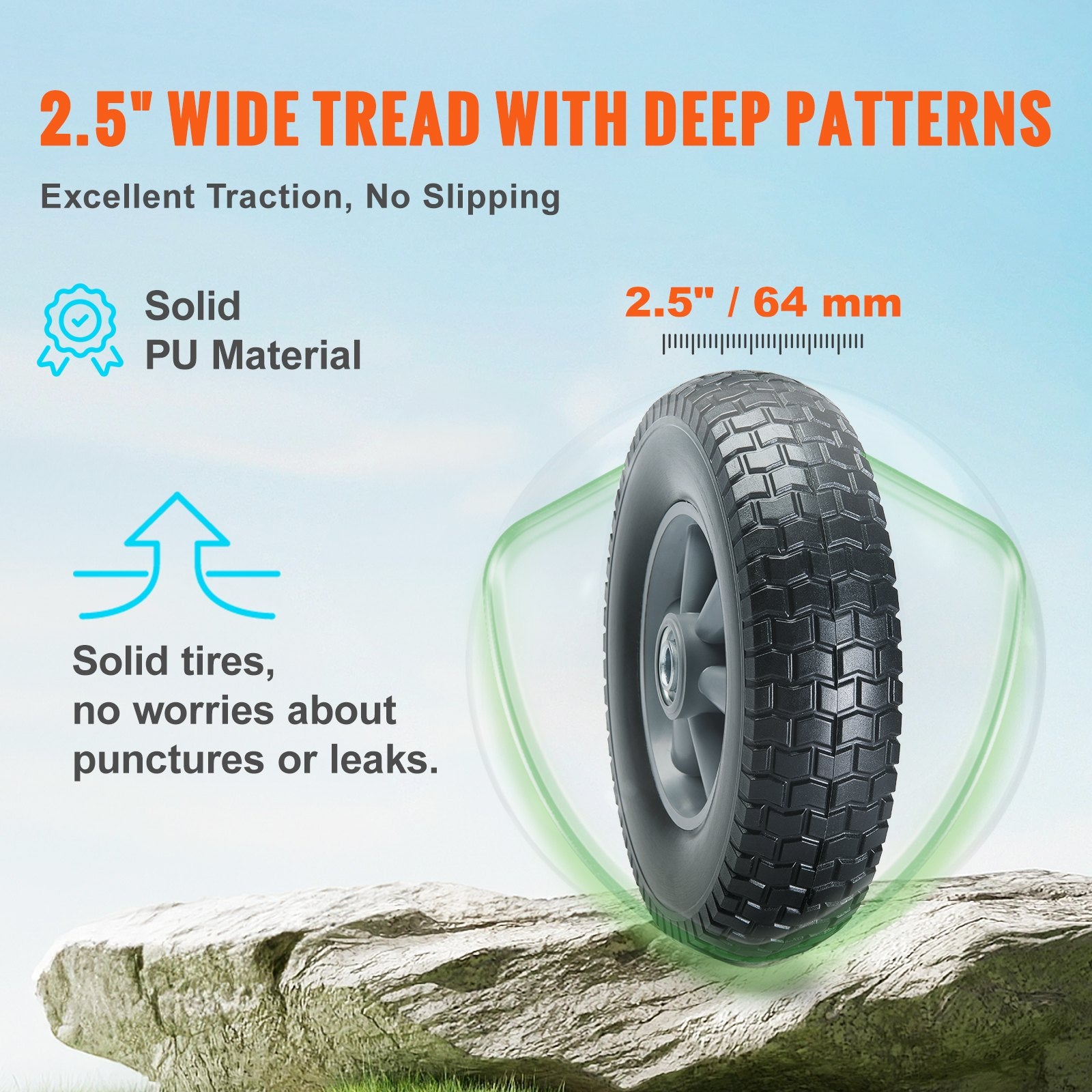 VEVOR Solid PU Run-Flat Tire Wheel, 254 mm, 2-Pack, 81.6 kg Dynamic Load, 99.8 kg Static Load, Flat Free Tubeless Tires and Wheels for Hand Truck, Utility Cart, Dollies, Garden Trailers, Various Carts