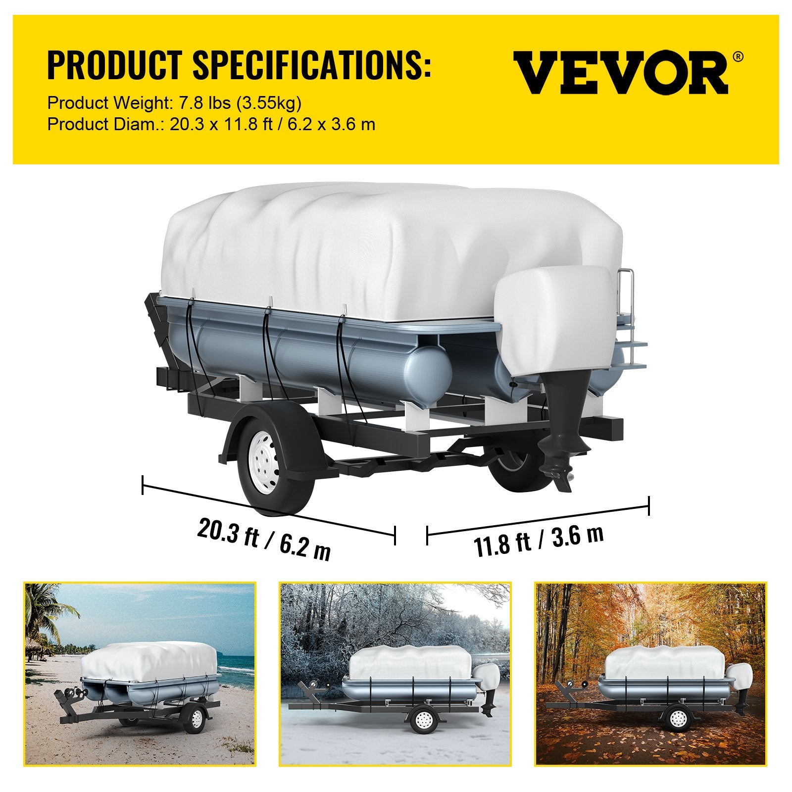 VEVOR Pontoon Boat Cover, Fit for 17\'-20\' Boat, Heavy Duty 600D Marine Grade Oxford Fabric, UV Resistant Waterproof Trailerable Boat Cover with 2 Support Poles and 7 Wind-Proof Straps, Gray