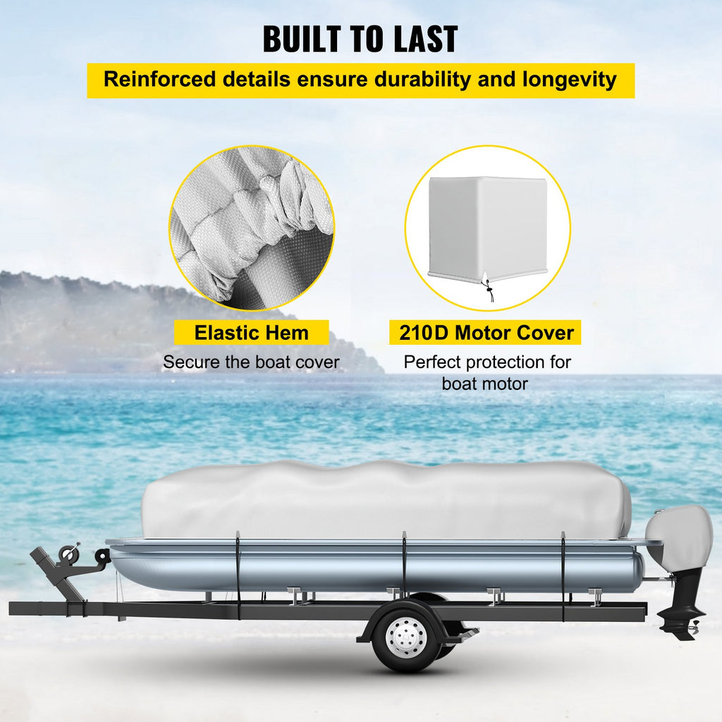VEVOR Pontoon Boat Cover, Fit for 25\'-28\' Boat, Heavy Duty 600D Marine Grade Oxford Fabric, UV Resistant Waterproof Trailerable Boat Cover with 2 Support Poles and 7 Wind-Proof Straps, Gray