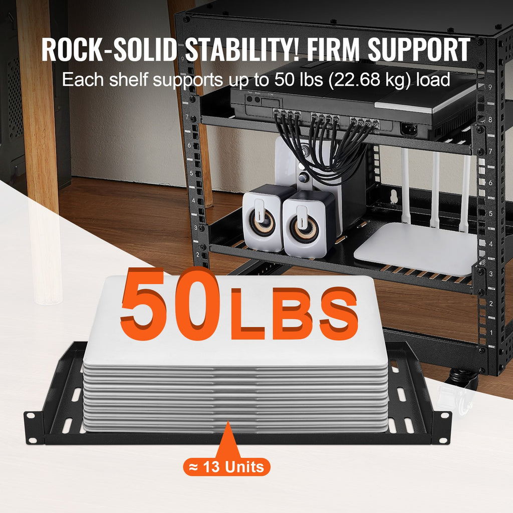 VEVOR 2PCS 1U Server Rack Shelf, 254mm Depth, 22.68kg Max Load Capacity Vented Cantilever or Wall Mount Rack Mount Shelf with Tray, Good Air Circulation for 482.6mm Network Cabinet or Equipment Rack
