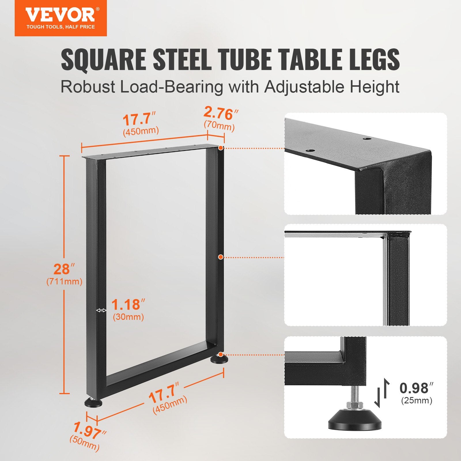 VEVOR 711.2MM Adjustable Furniture Legs, Square Reinforced Steel Office Table legs Set of 2 for DIY, Max Load 453.6KG Heavy Duty Desk Legs, Quick Instalation & Rich Accessories Legs Black