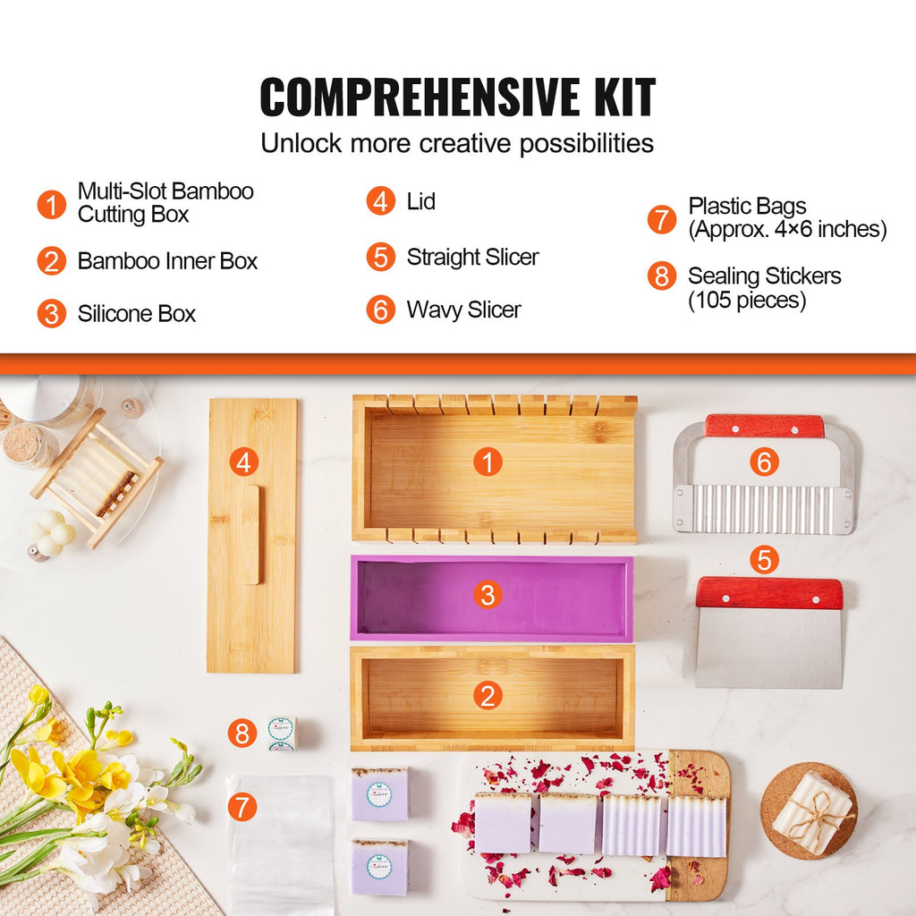 VEVOR Soap Making Kit, Bamboo Cutting Box and Inner Box with Silicone Mold, Stainless Steel Straight Cutter and Wavy Cutter, 100 Bags and 105 Stickers, Soap Making Supplies DIY Kits for Adults