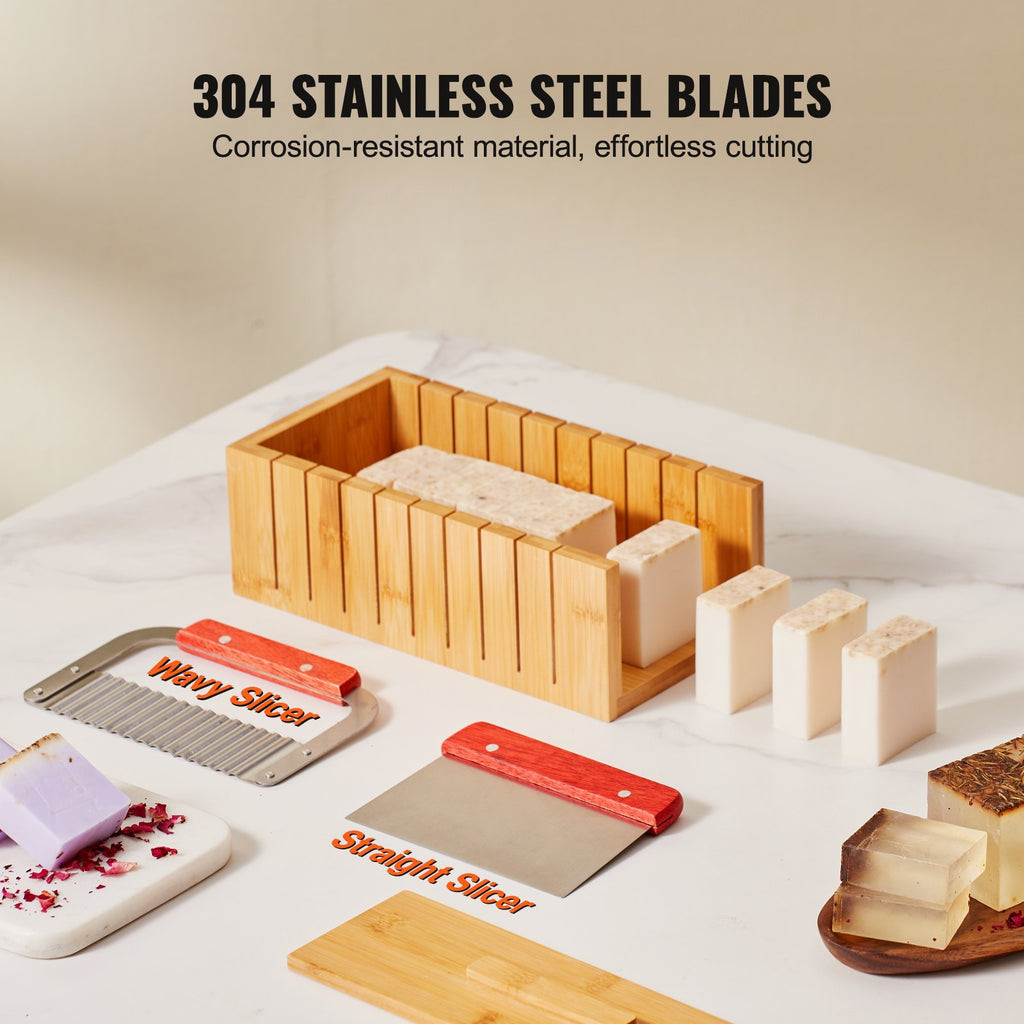 VEVOR Soap Making Kit, Bamboo Cutting Box and Inner Box with Silicone Mold, Stainless Steel Straight Cutter and Wavy Cutter, 100 Bags and 105 Stickers, Soap Making Supplies DIY Kits for Adults