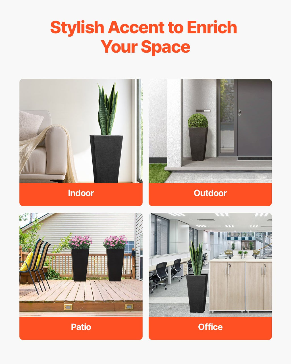 VEVOR Tall Planter, Set of 2 Tall Square Tapered Planters, 57 cm Large Modern Gardening and Flower Plastic Pots, Decorative Tall Black Planter with Drainage Hole, for Porch, Patio, Indoor & Outdoor