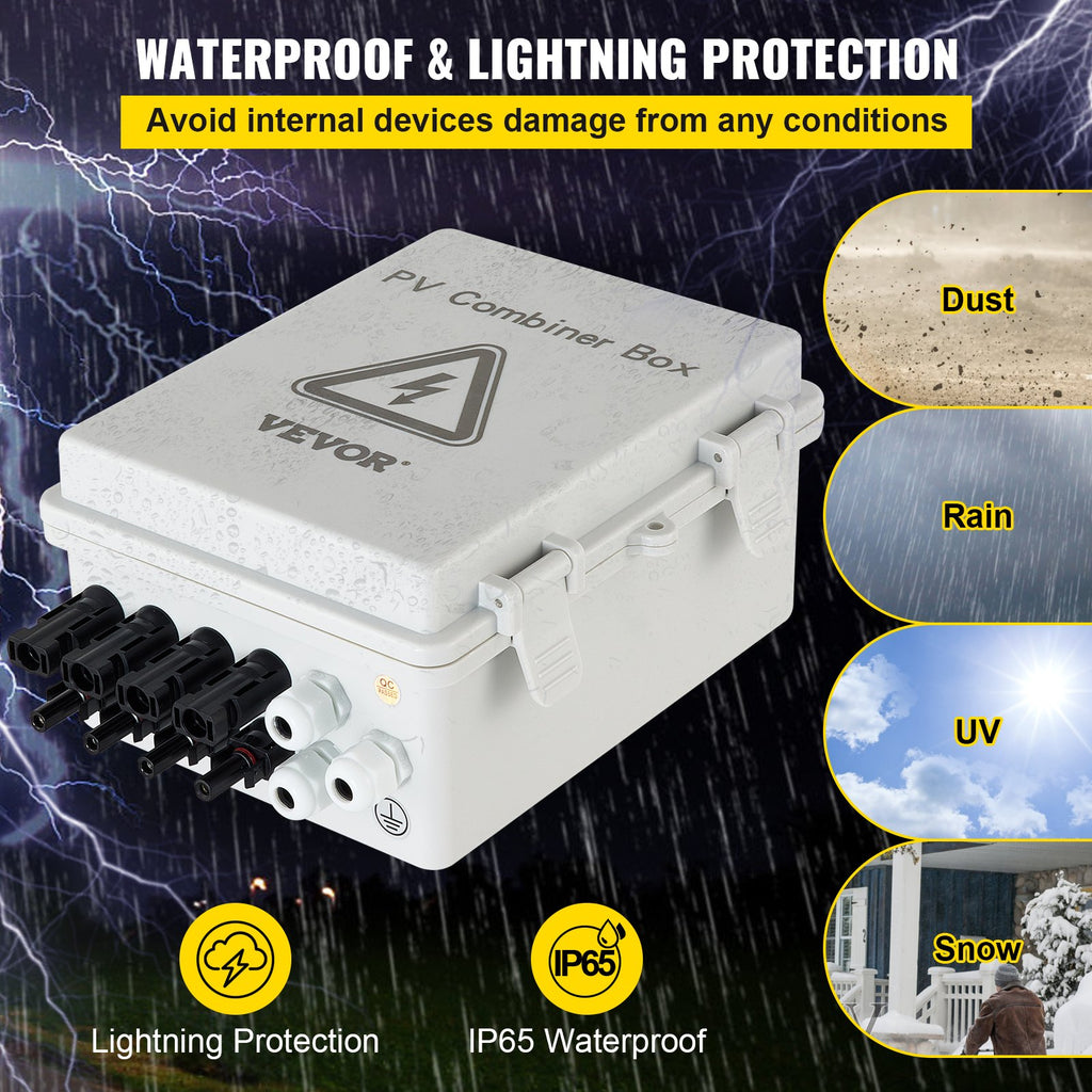 VEVOR PV Combiner Box, 4 String with 15A Rated Current Fuse, 63A Circuit Breaker, Lightning Arreste Connector for On/Off Grid Solar Panel System, IP65