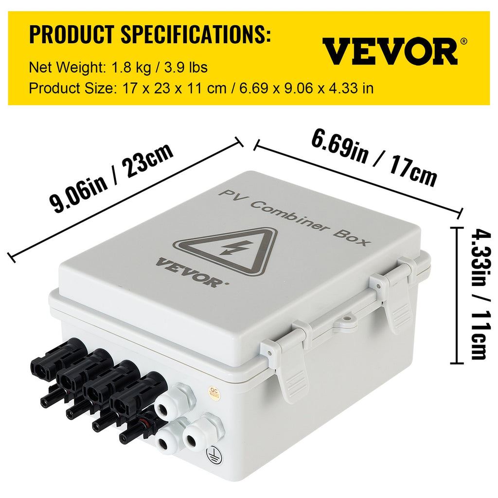 VEVOR PV Combiner Box, 4 String with 15A Rated Current Fuse, 63A Circuit Breaker, Lightning Arreste Connector for On/Off Grid Solar Panel System, IP65
