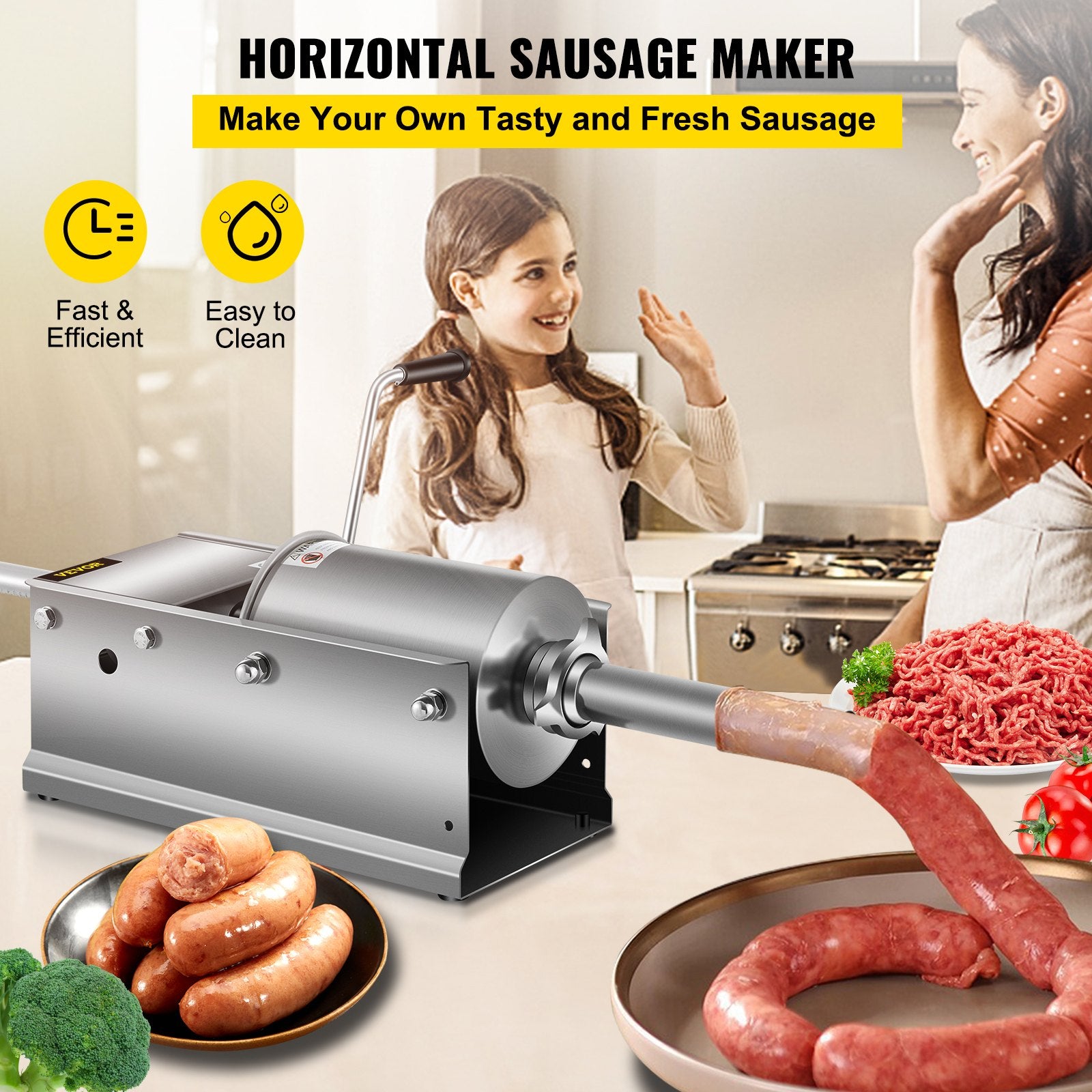 VEVOR Manual Sausage Stuffer, 3 L / 7 LBS Horizontal Sausage Machine, Dual-Speed Meat Stuffer, Made of Food-Grade 304 Stainless Steel, Includes 5 Stuffing Tubes, for Home Kitchen Restaurant Commercial