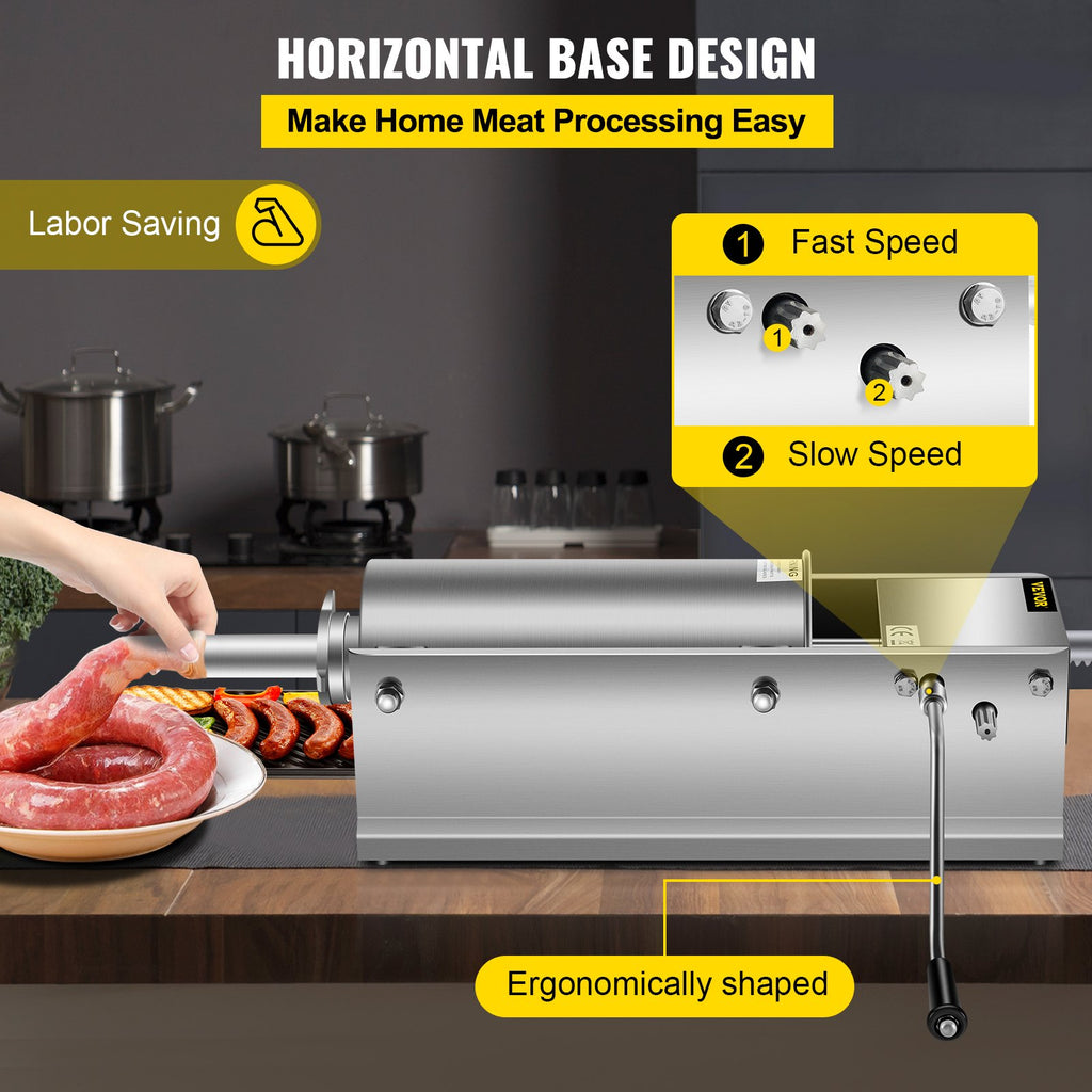 VEVOR Manual Sausage Stuffer, 5 L / 11 LBS Horizontal Sausage Machine, Dual-Speed Meat Stuffer, Made of Food-Grade 304 Stainless Steel, Includes 5 Stuffing Tubes, for Home Kitchen Restaurant Commercia