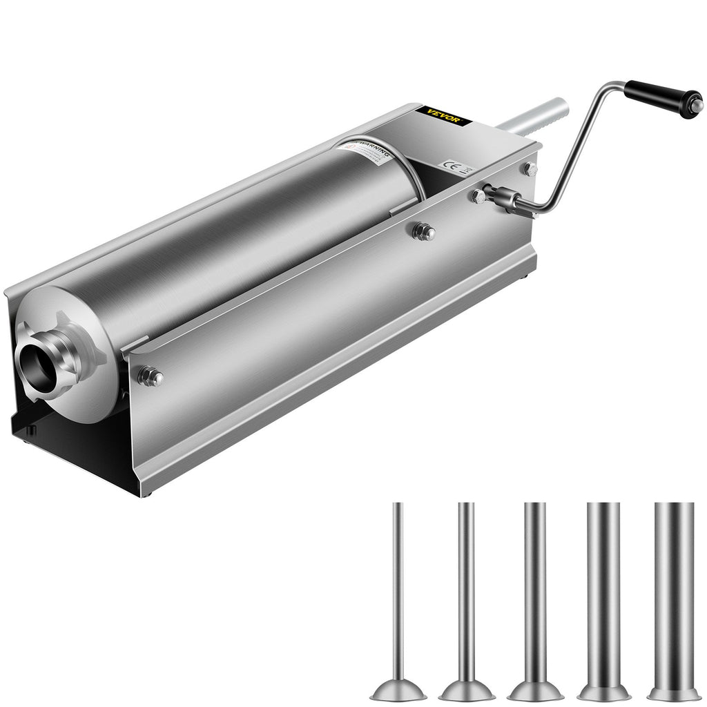 VEVOR Manual Sausage Stuffer, 7 L / 15 LBS Horizontal Sausage Machine, Dual-Speed Meat Stuffer, Made of Food-Grade 304 Stainless Steel, Includes 5 Stuffing Tubes, for Home Kitchen Restaurant Commercia