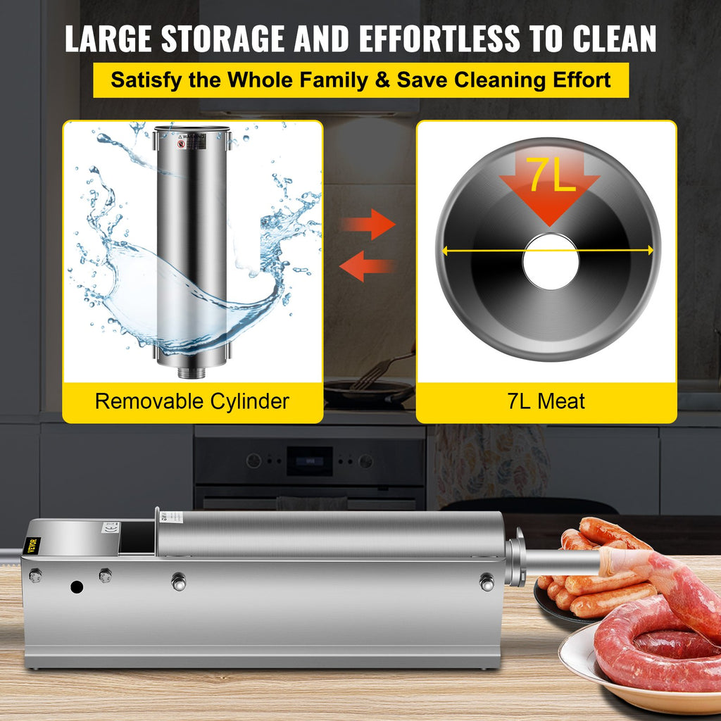 VEVOR Manual Sausage Stuffer, 7 L / 15 LBS Horizontal Sausage Machine, Dual-Speed Meat Stuffer, Made of Food-Grade 304 Stainless Steel, Includes 5 Stuffing Tubes, for Home Kitchen Restaurant Commercia