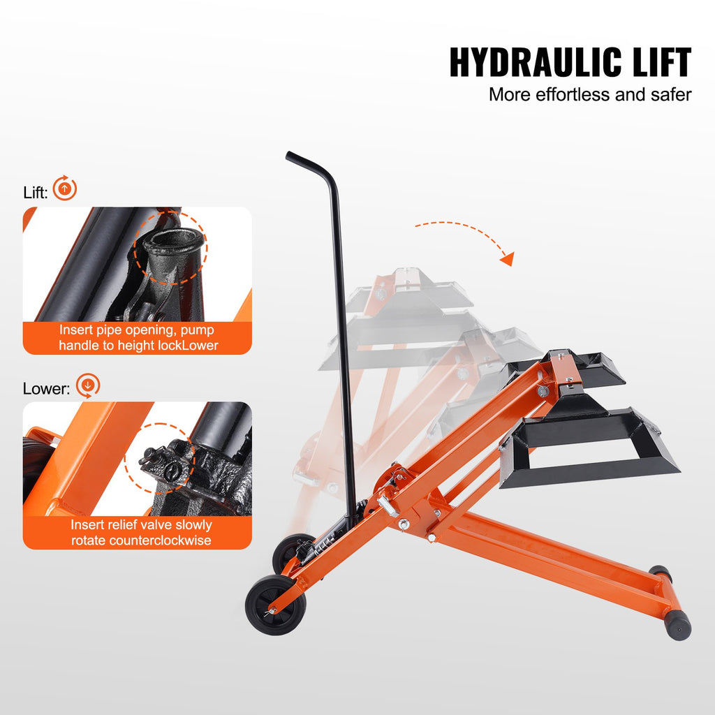 VEVOR Lawn Mower Lift with Hydraulic Jack, 500 Lbs Weight Capacity, Solid Carbon Steel Lawn Mower Lift, Adjustable Movable Lawn Lifter for Riding Tractors and Zero Turn Lawn Mowers, Orange