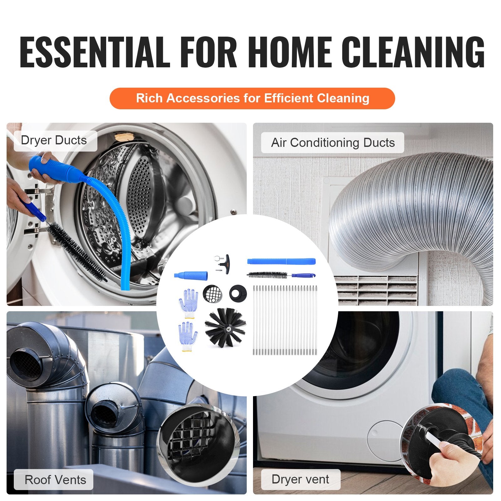 VEVOR 914.4CM Dryer Vent Cleaner Kit, 22 Pieces Duct Cleaning Brush, Reinforced Nylon Dryer Vent Brush with Complete Accessories, Dryer Cleaning Kit with Flexible Lint Trap Brush, Clamp Connectors