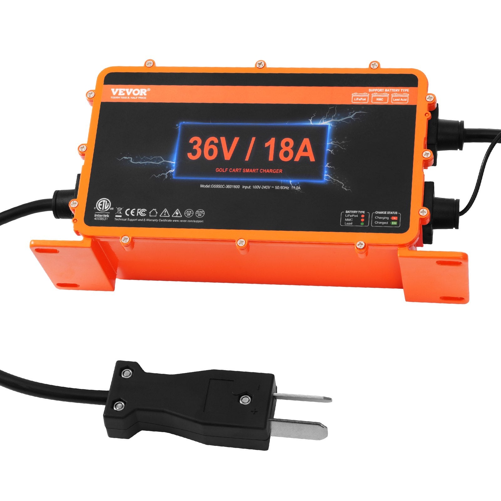 VEVOR Golf Cart Battery Charger, 18 AMP, Smart Club Car Charger with Crowfoot Plug, Compatible with Lead-Acid AGM/GEL/EFB MF NMC LiFePO4 Batteries for Club Car EZGO Yamaha, IP67 ETL Certified