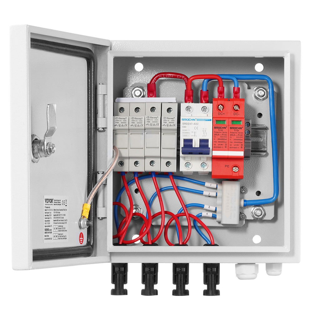 VEVOR PV Combiner Box, 4 String, Solar Combiner Box with 15A Rated Current Fuse 63A Circuit Breaker Lightning Arrester and Solar Connector, Steel Case for On / Off Grid Solar Panel System, IP65
