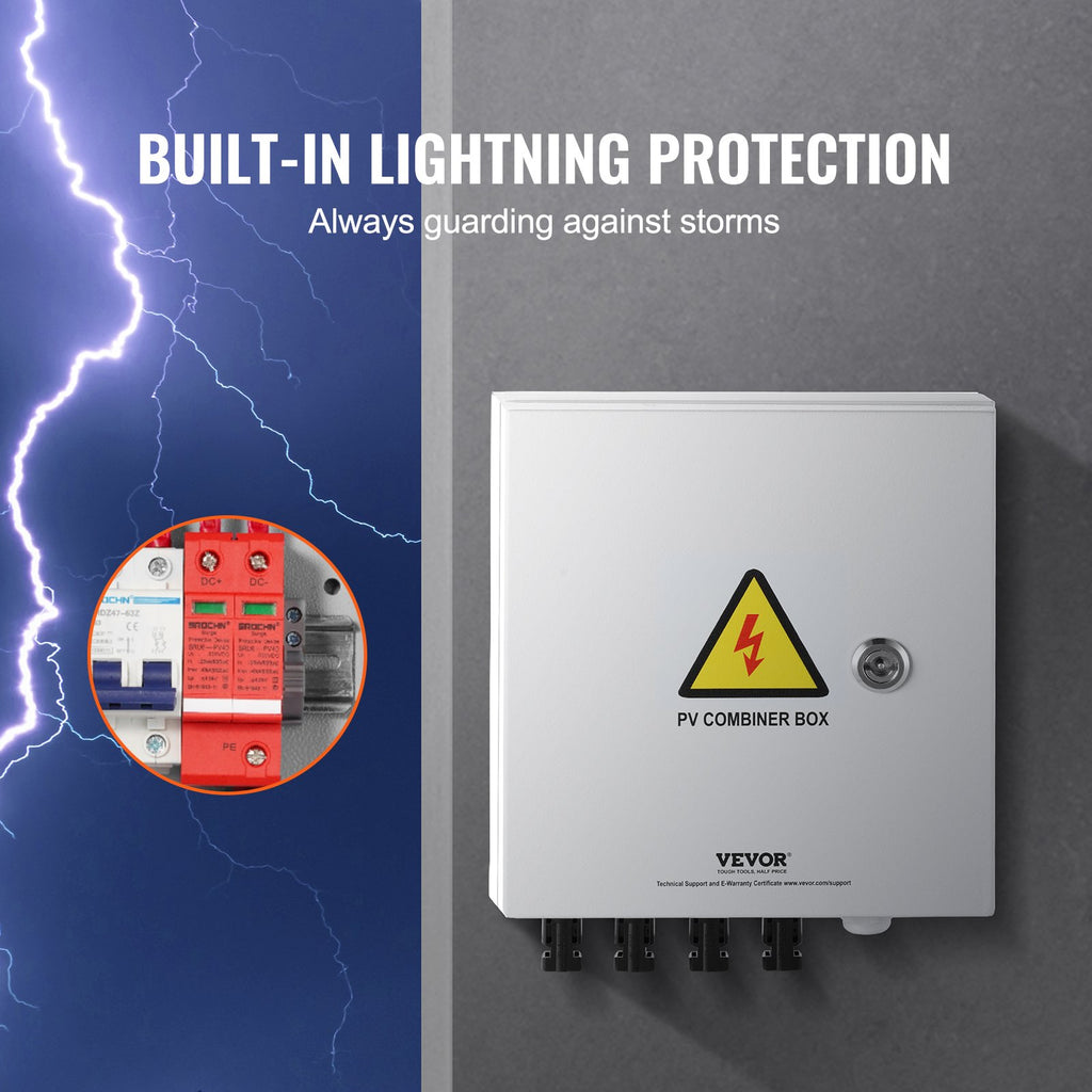 VEVOR PV Combiner Box, 4 String, Solar Combiner Box with 15A Rated Current Fuse 63A Circuit Breaker Lightning Arrester and Solar Connector, Steel Case for On / Off Grid Solar Panel System, IP65