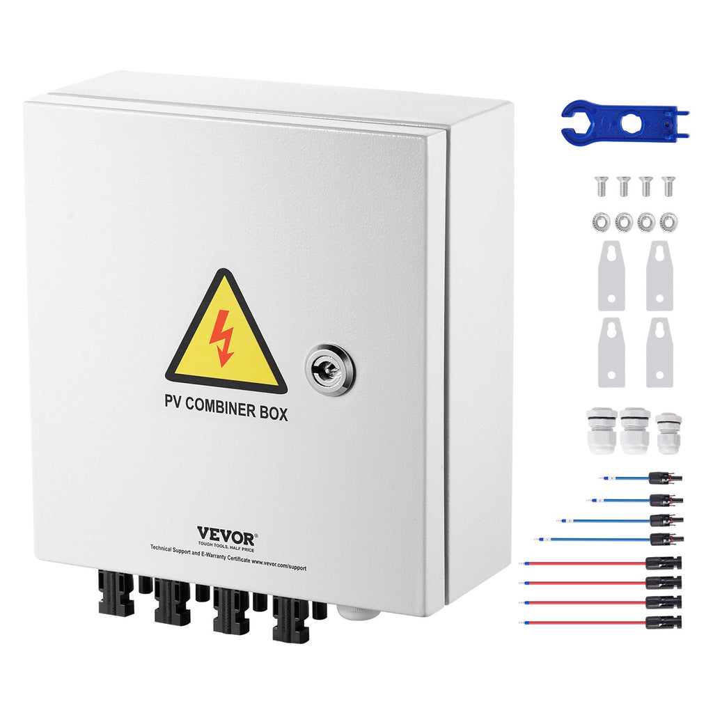 VEVOR PV Combiner Box, 4 String, Solar Combiner Box with 15A Rated Current Fuse 63A Circuit Breaker Lightning Arrester and Solar Connector, Steel Case for On / Off Grid Solar Panel System, IP65