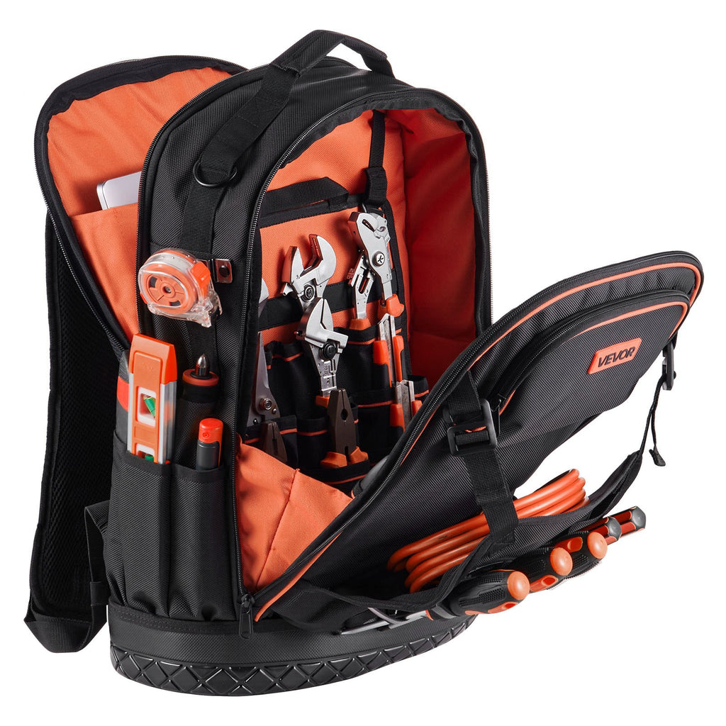VEVOR Tool Backpack, 65 Pockets, Heavy-duty Tools Storage Organizer Work Bags with Laptop Compartment & Molded Base, Electrician Jobsite Backpack for Electrician, Repairman, and HVAC Techs