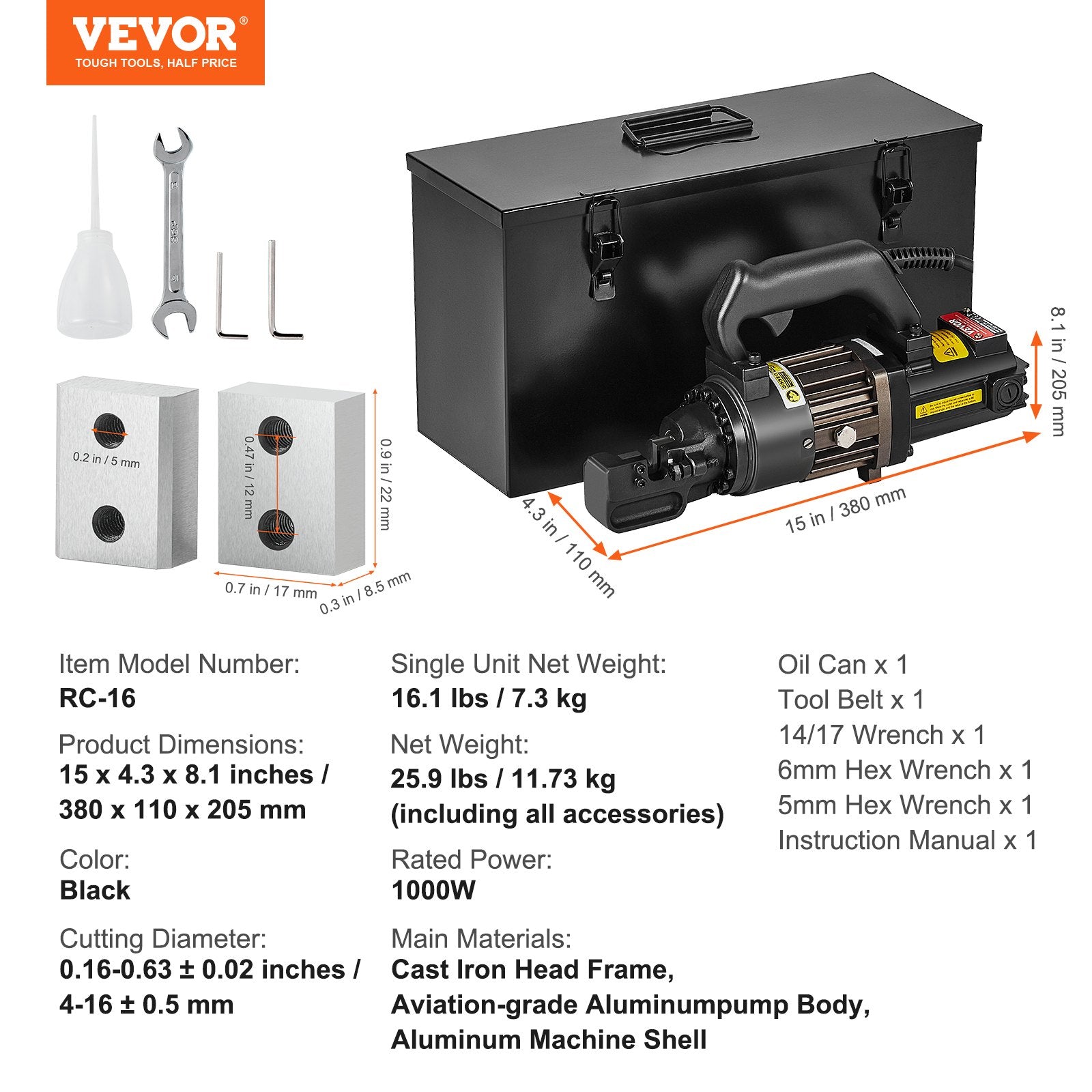 VEVOR Electric Hydraulic Rebar Cutter, 1000W Portable Rebar Cutter, Cutting up to 5/8 Inch (4-16mm) #5 Rebar within 2 Seconds, High Power Steel Rebar Cutter with Oil Can Rich Accessories,Black RC-16