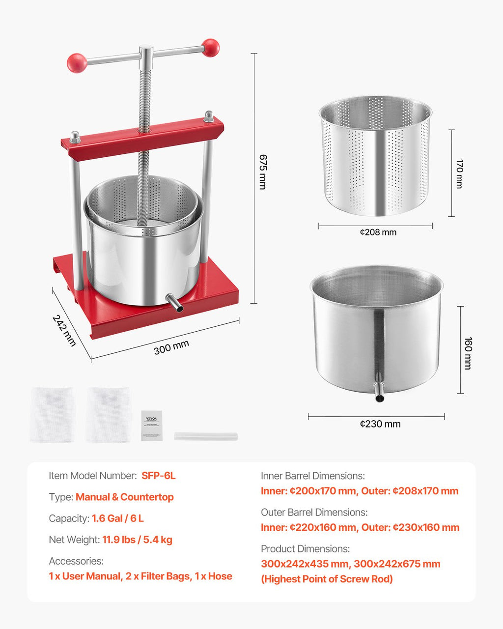 VEVOR Fruit Wine Press Manual Press for Wine Making 1.6 Gal/6L Stainless Steel