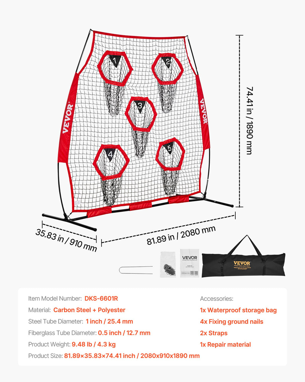 VEVOR 1828.8x1828.8mm Football Trainer Throwing Net, Training Throwing Target Practice Net with 5 Target Pockets, Knotless Net Includes Straps and Portable Carry Case, Improve QB Throwing Accuracy,Red