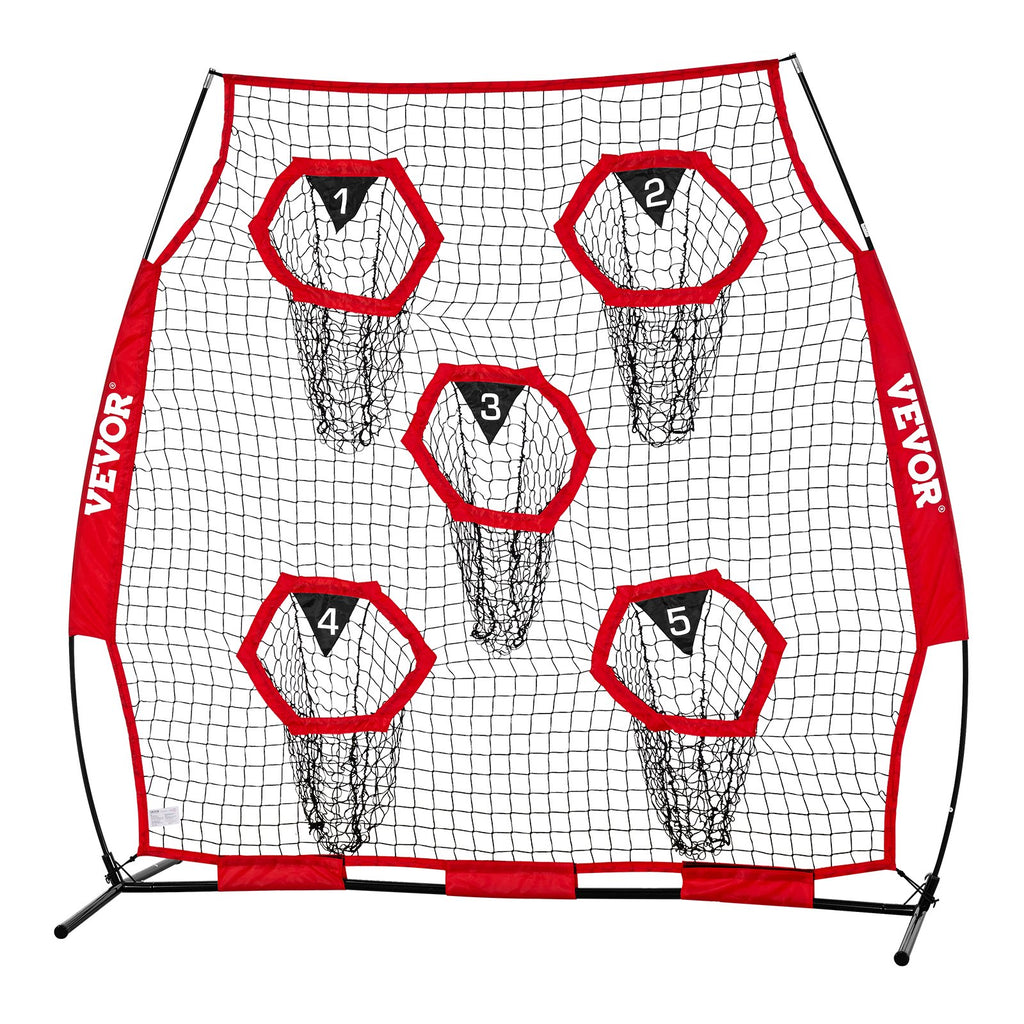 VEVOR 1828.8x1828.8mm Football Trainer Throwing Net, Training Throwing Target Practice Net with 5 Target Pockets, Knotless Net Includes Straps and Portable Carry Case, Improve QB Throwing Accuracy,Red