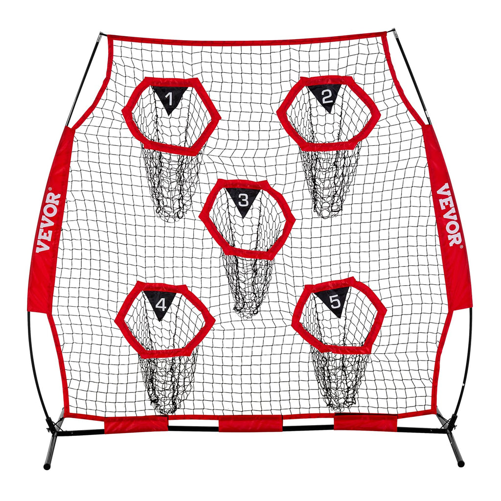 VEVOR 1828.8x1828.8mm Football Trainer Throwing Net, Training Throwing Target Practice Net with 5 Target Pockets, Knotless Net Includes Straps and Portable Carry Case, Improve QB Throwing Accuracy,Red
