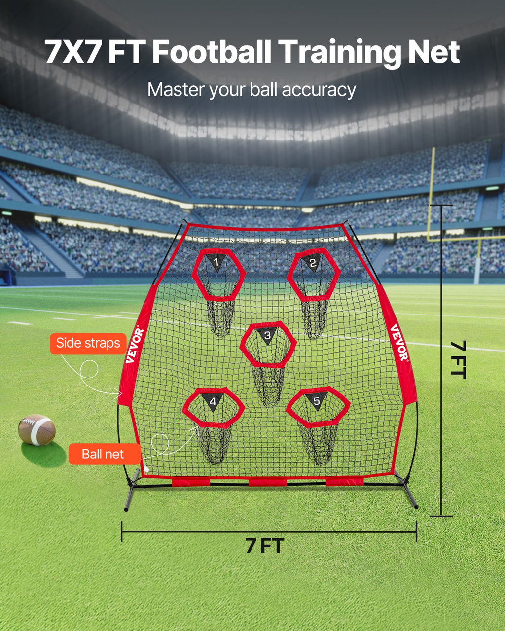 VEVOR 2133.6 x 2133.6mm Football Trainer Throwing Net, Training Throwing Target Practice Net with 5 Target Pockets, Knotless Net Includes Straps and Portable Carry Case, Improve QB Throwing Accuracy