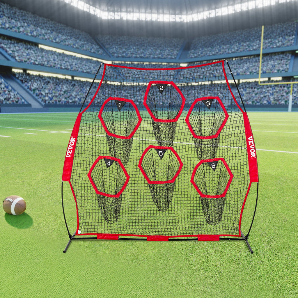 VEVOR 2438.4x2438.4mm Football Trainer Throwing Net, Training Throwing Target Practice Net with 6 Target Pockets, Knotless Net Includes Straps and Portable Carry Case, Improve QB Throwing Accuracy,Red