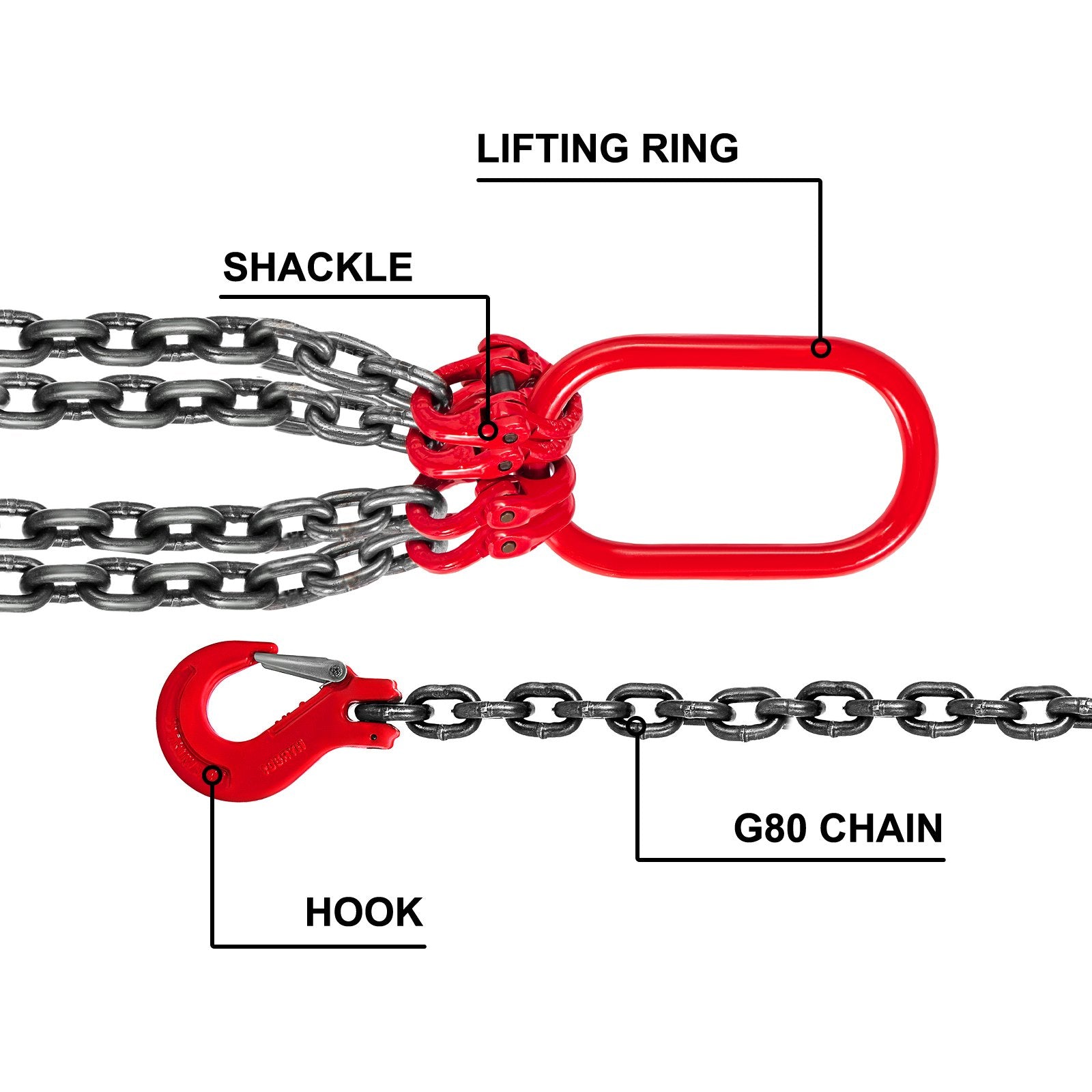 VEVOR Chain Sling, 8 mm x 1m Lifting Chains with Hooks, G80 Engine Chain Hoist Lifts, 5 Ton Load Capacity Lifting Sling Chains for Engine Hoist, Engine Lift Chain with 4 Leg Grab Hooks Heavy Duty