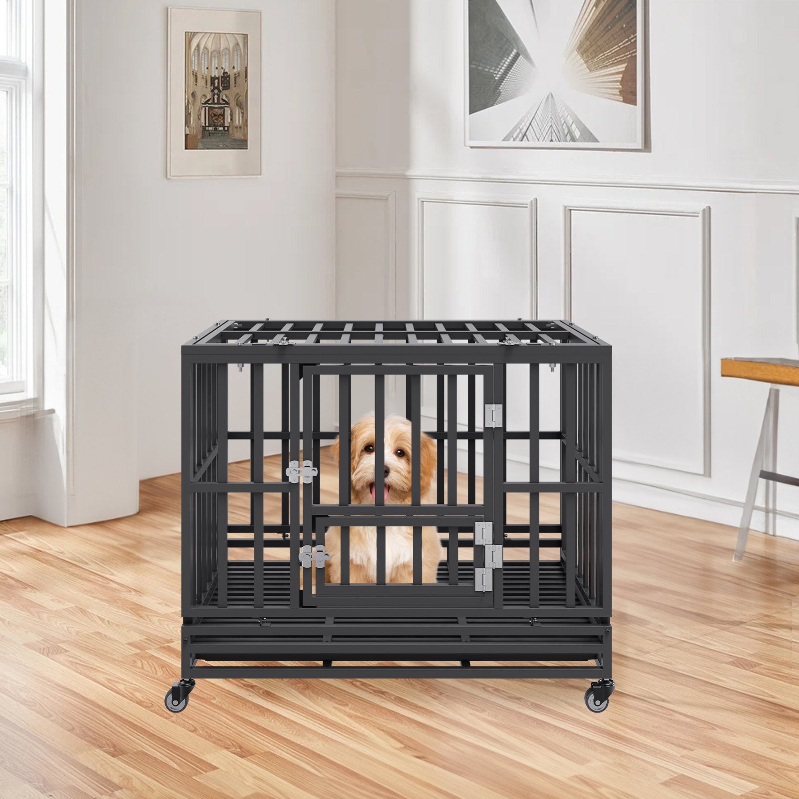 VEVOR Heavy Duty Dog Crate 38 in Metal Dog Kennel with Wheels and Removable Tray
