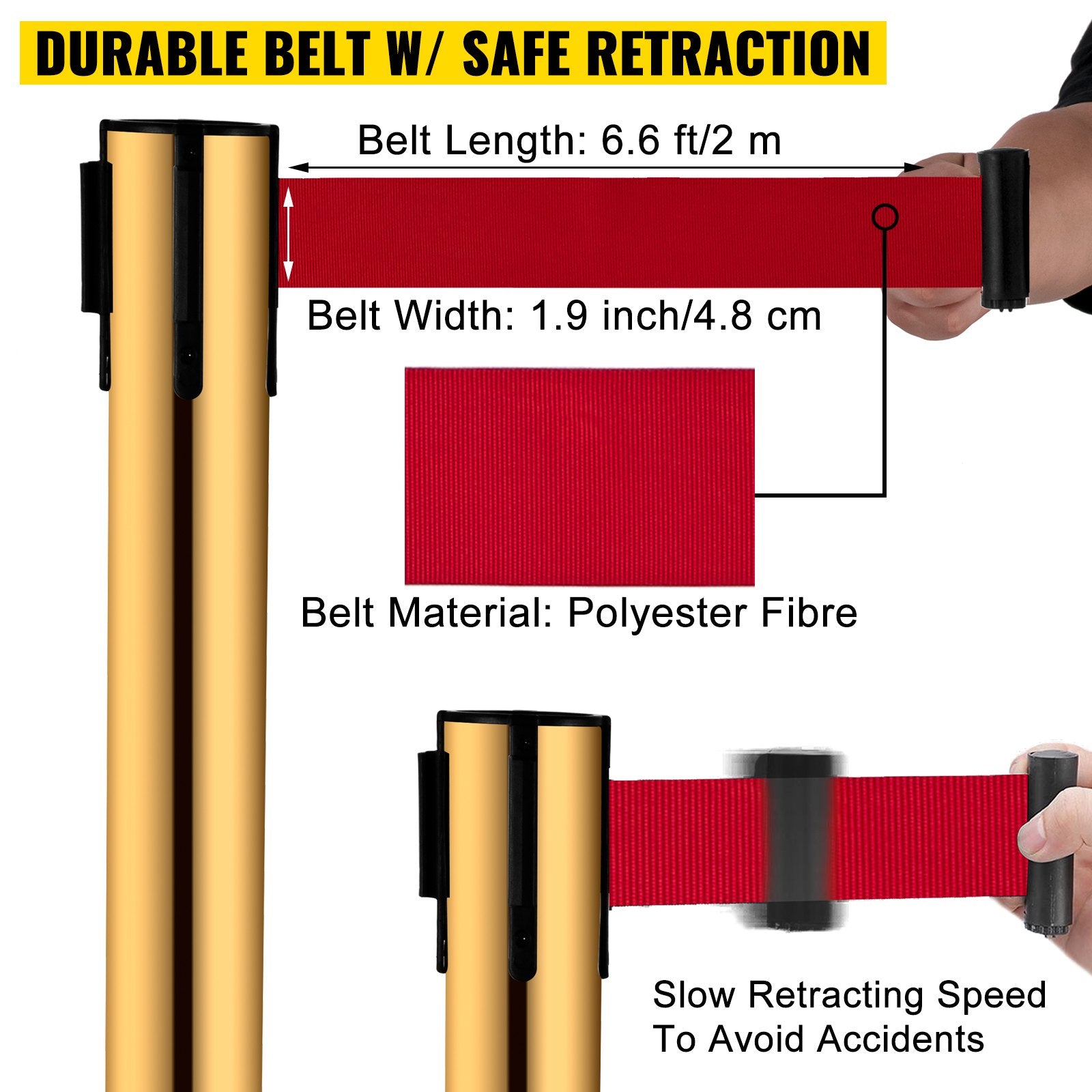 VEVOR Stanchion Post Barriers 6-Set Line Dividers, Stainless Steel Stanchions with 6.6 Red Retractable Belts, Stanchions with One Sign Frame, 34.6 Queue Safety Stanchions (Gold)