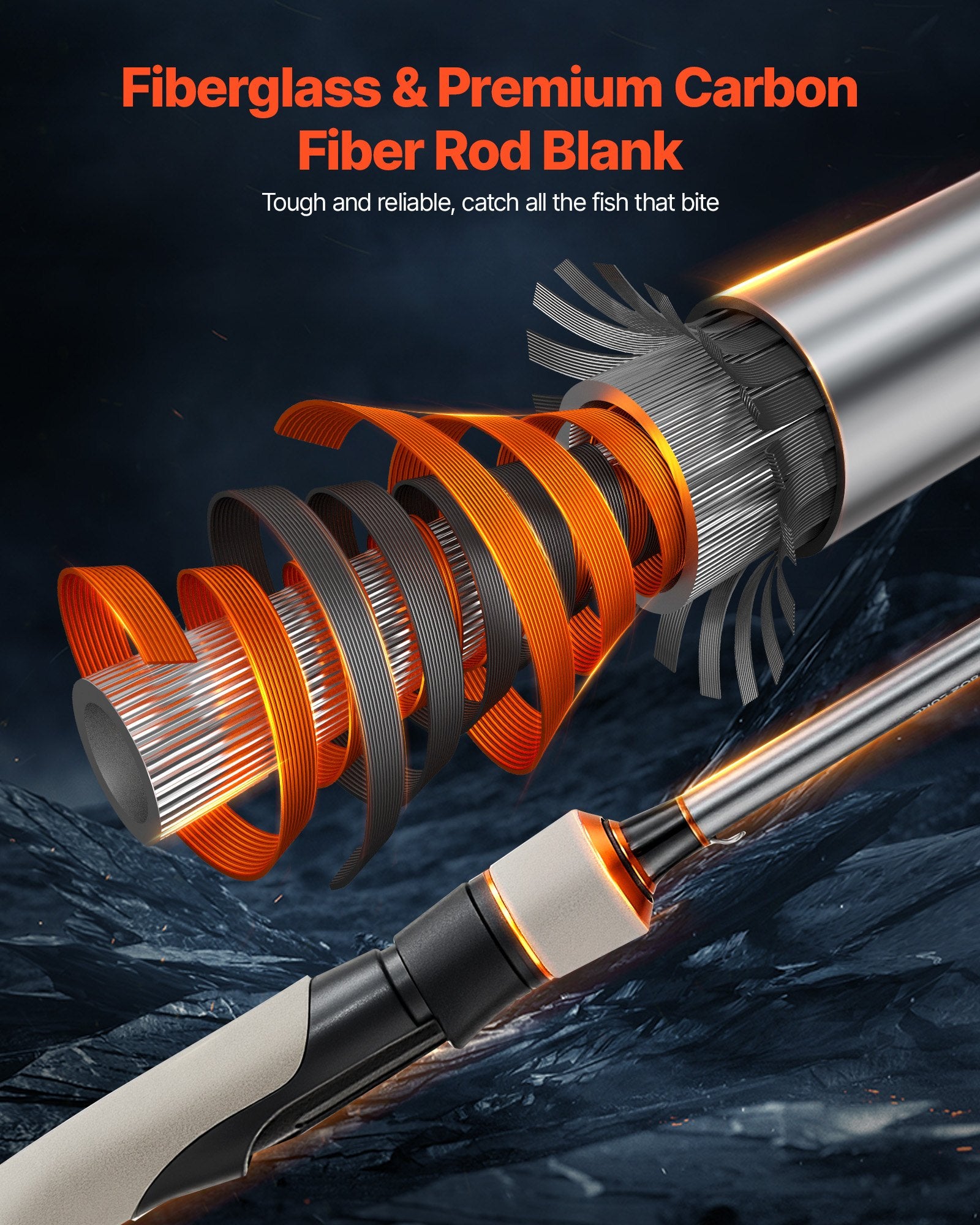 VEVOR Rod and Fishing Reel Combo, IM6 Fiberglass & Carbon Fiber Spinning Rod and Reel Combo, Bass Fishing Pole with 2m Two-Piece Rods, 6+1 Ball Bearings, Stainless Steel Guides with Ceramic Rings