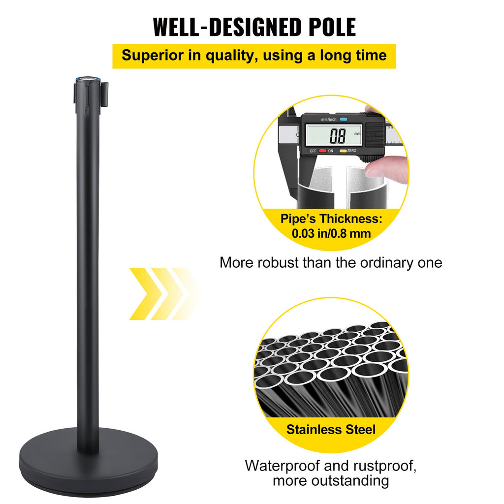 VEVOR Crowd Control Stanchion, Set of 6 Pieces Stanchion Set, Stanchion Set with 6.6 ft/2 m Red Retractable Belt, Crowd Control Barrier with Rubber Base – Easy Connect Assembly for Crowd Control (Black)