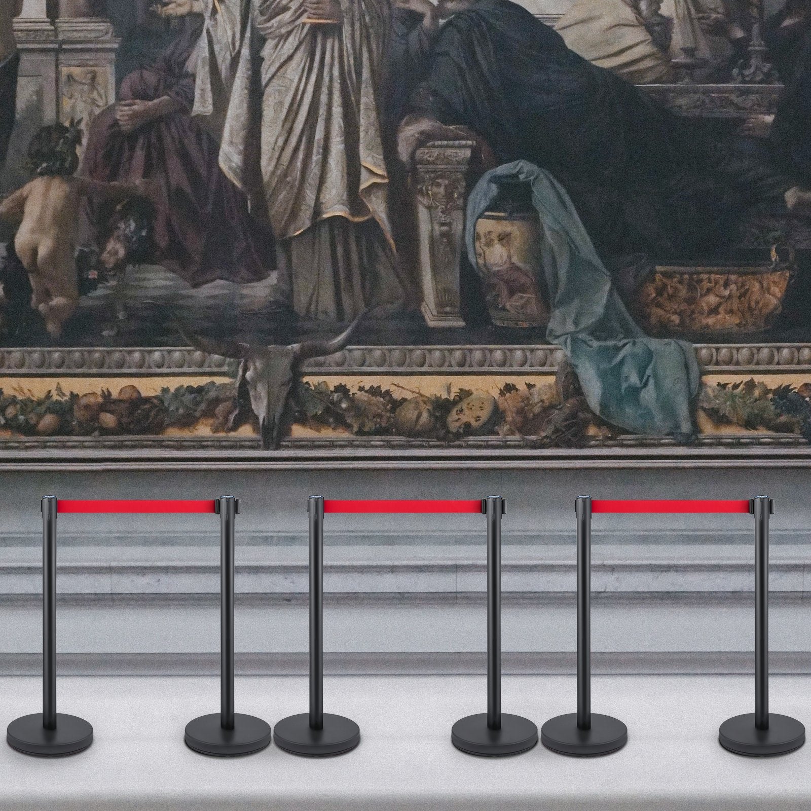VEVOR Crowd Control Stanchion, Set of 6 Pieces Stanchion Set, Stanchion Set with 6.6 ft/2 m Red Retractable Belt, Crowd Control Barrier with Rubber Base – Easy Connect Assembly for Crowd Control (Black)
