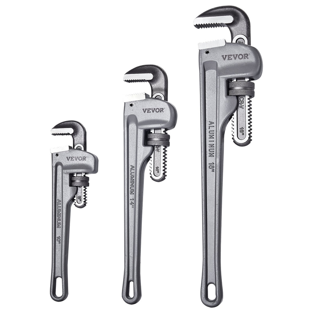VEVOR 3-Piece Pipe Wrench Set, 10" 14" 18" Aluminum Straight Pipe Wrench, Adjustable Plumbing Wrench, with High Strength Jaw and Ergonomic Handle, Hangable Design, for Water Pipes, Automotive Repairs