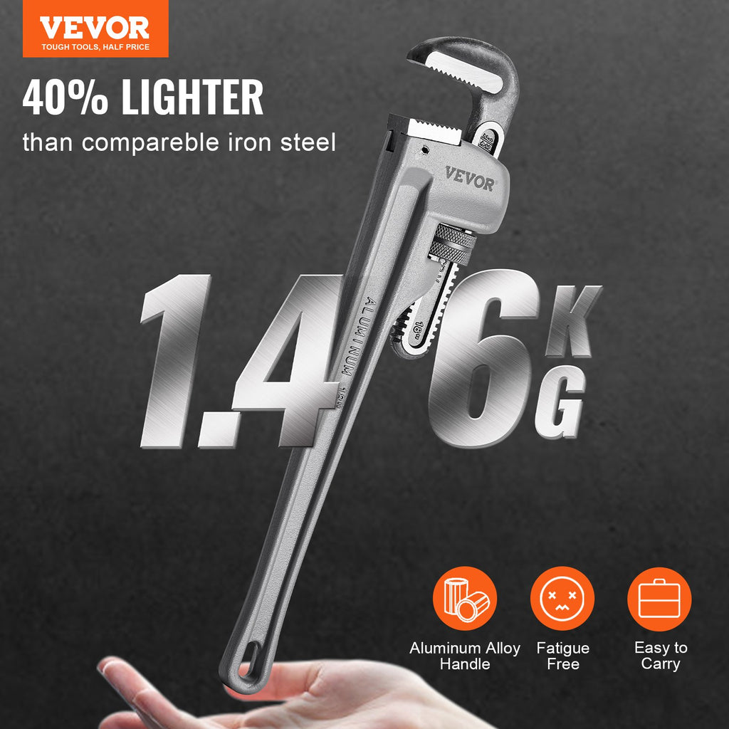 VEVOR 3-Piece Pipe Wrench Set, 10" 14" 18" Aluminum Straight Pipe Wrench, Adjustable Plumbing Wrench, with High Strength Jaw and Ergonomic Handle, Hangable Design, for Water Pipes, Automotive Repairs