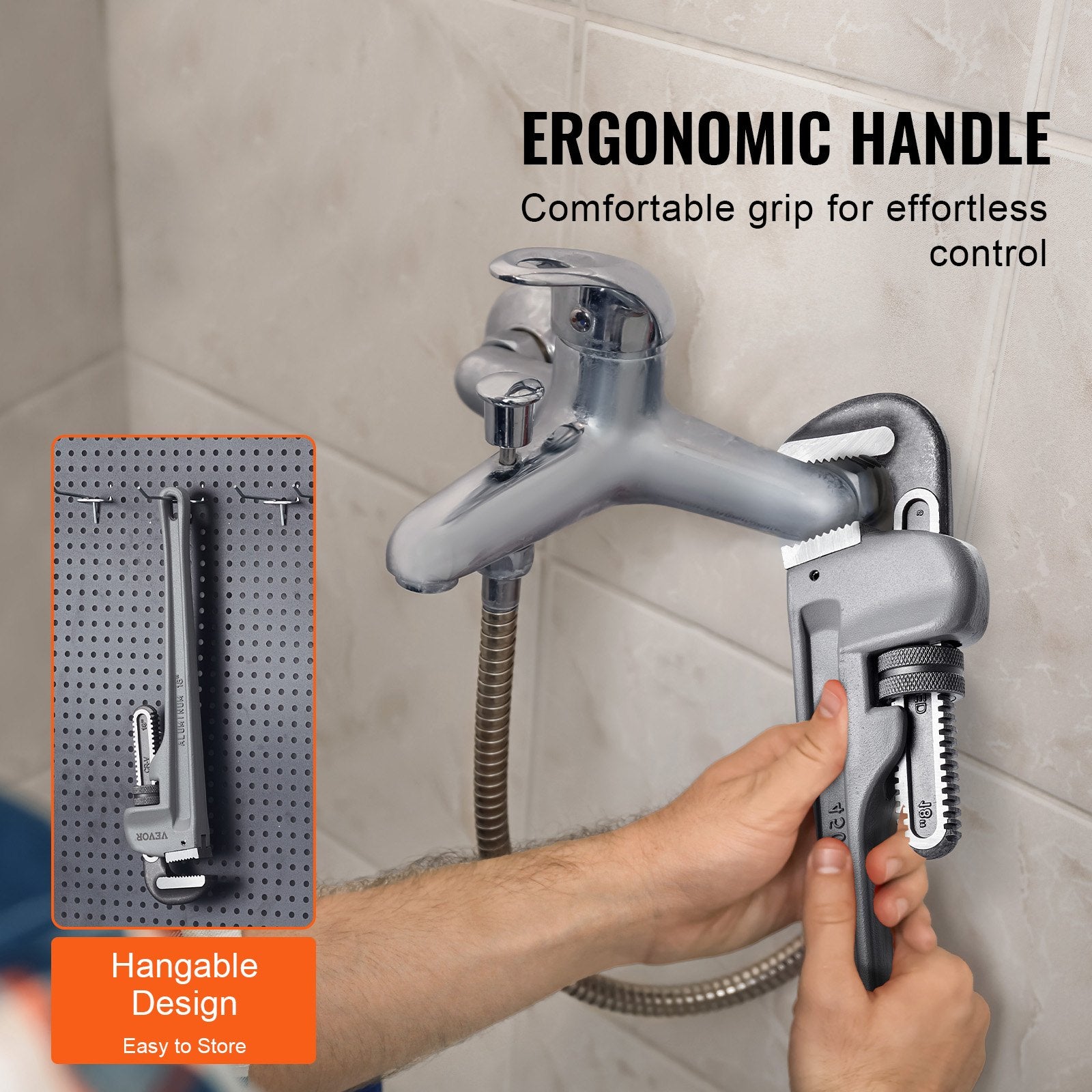 VEVOR Pipe Wrench, 18" Aluminum Straight Pipe Wrench, Adjustable Plumbing Wrench, with High Strength Jaw and Ergonomic Handle, Easy to Carry, Hangable Design, for Water Pipes, Automotive Repairs