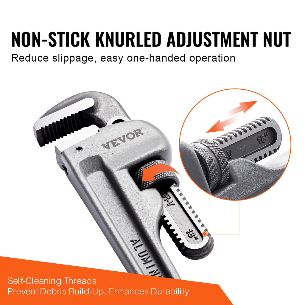 VEVOR Pipe Wrench, 18" Aluminum Straight Pipe Wrench, Adjustable Plumbing Wrench, with High Strength Jaw and Ergonomic Handle, Easy to Carry, Hangable Design, for Water Pipes, Automotive Repairs