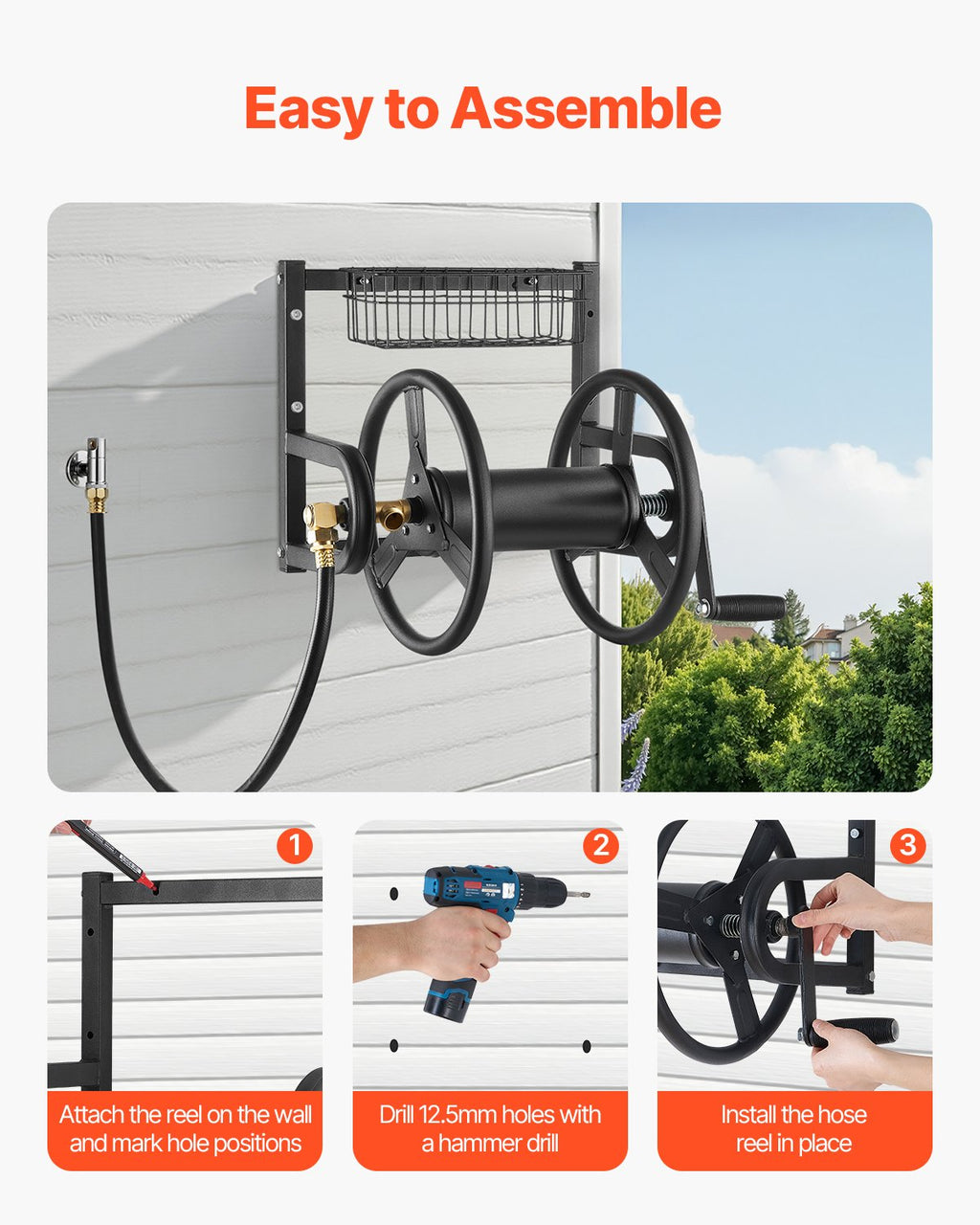 VEVOR Wall Mounted Garden Hose Reel 125ft 5/8 in Metal Hose Reel with Basket