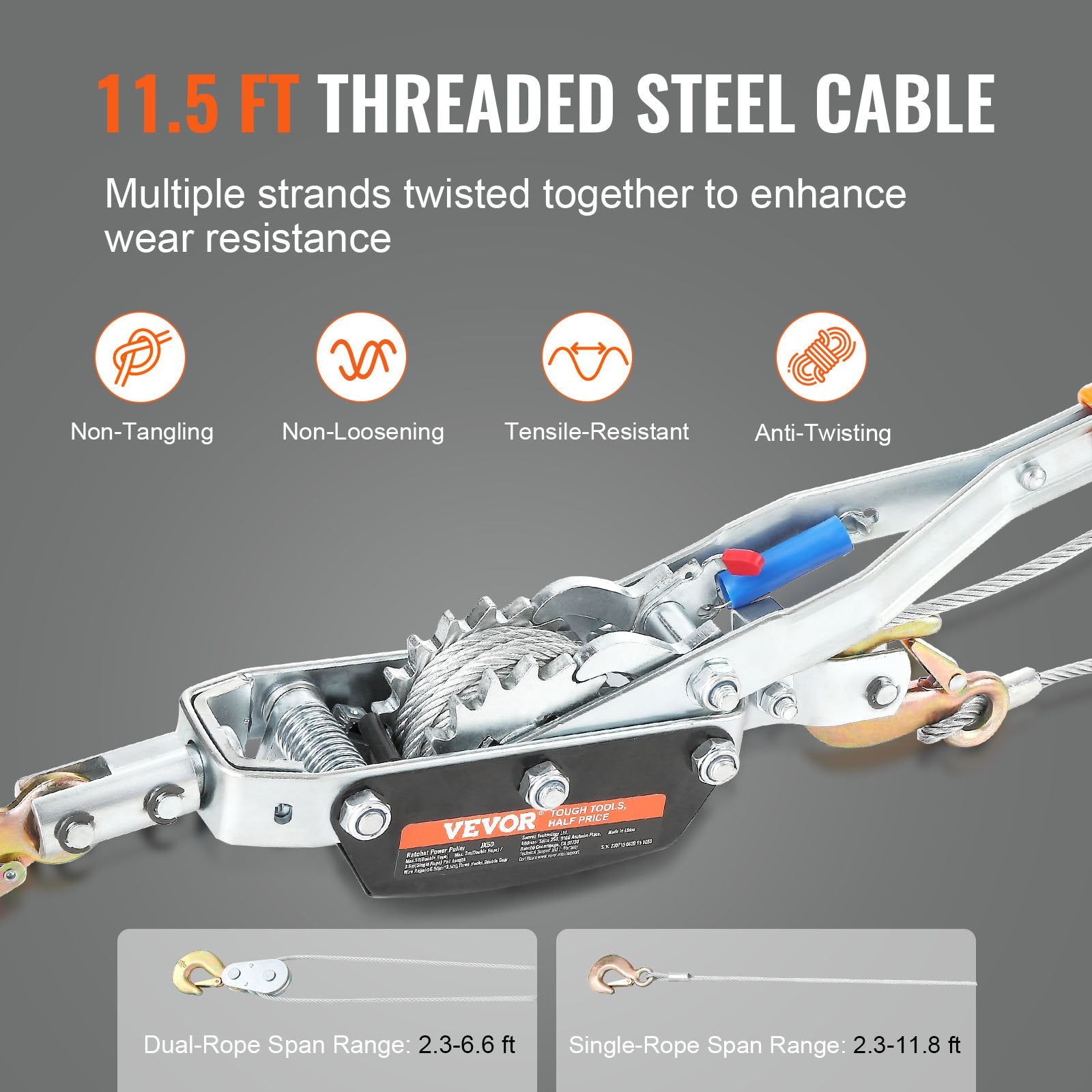 VEVOR Come Along Winch, 5 Ton Max Pulling Capacity, 3.5 m Steel Cable, 3 Hooks, Heavy Duty Ratchet Power Puller Tool with Dual Gears, Automotive Hoist Cable Puller Ideal for Vehicle Rescue