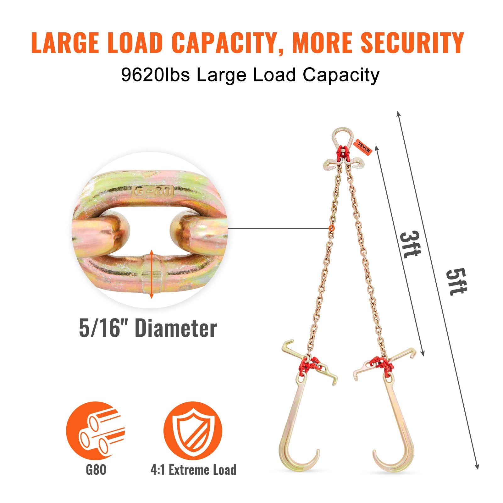 VEVOR V-Chain Bridle, 4364 kg Working Load Limit, 8 x 914.4 mm G80 Tow Chain with RTJ Cluster Hooks, DOT Certified, Galvanized Coating Manganese Steel & D-Shackle, for Lifting & Moving Activities