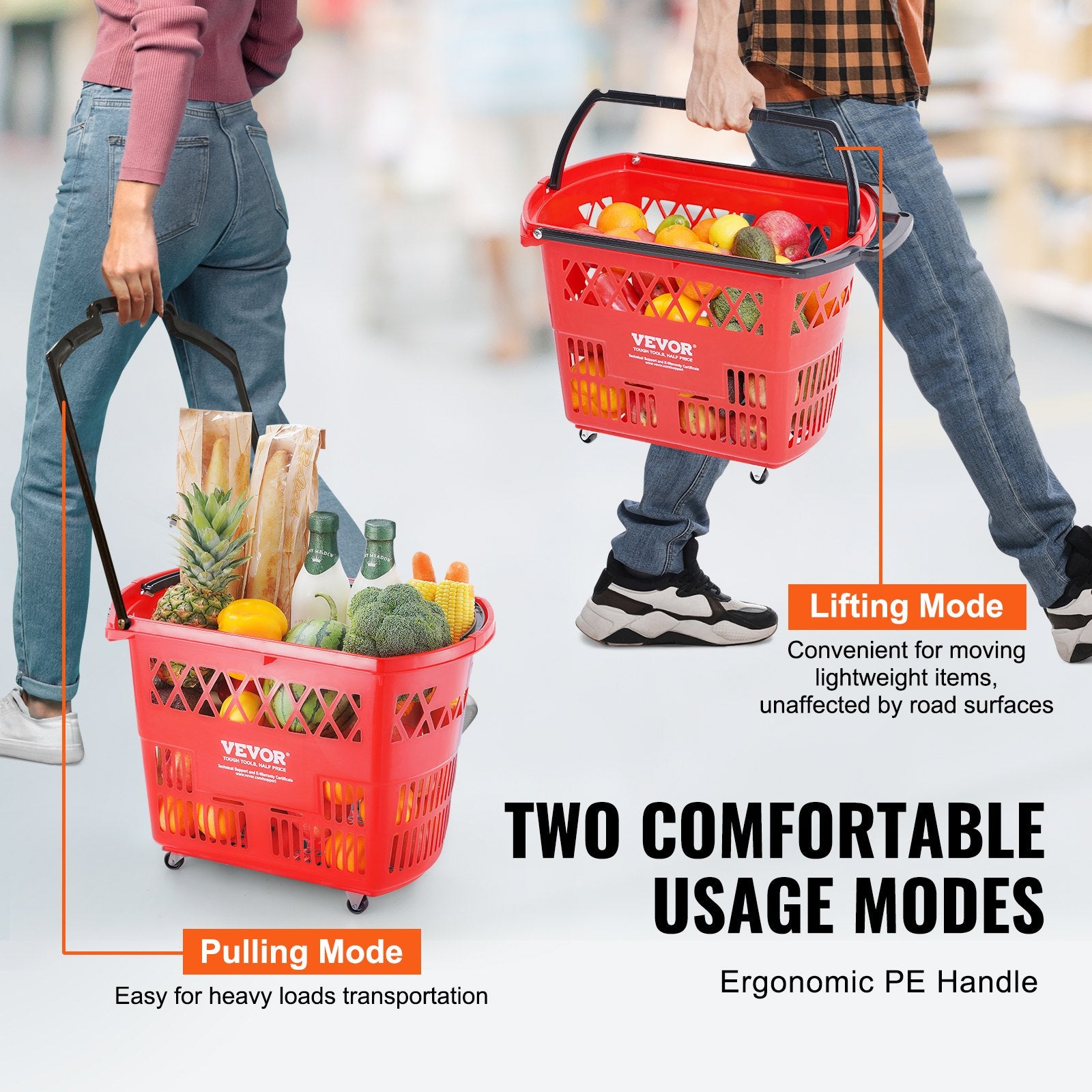 VEVOR Shopping Baskets, 6PCS, 39L Shopping Carts with Handles, Plastic Rolling Shopping Basket with Wheels, Large Portable Shopping Basket Set for Supermarkets, Retail Stores, Grocery Shopping, Red