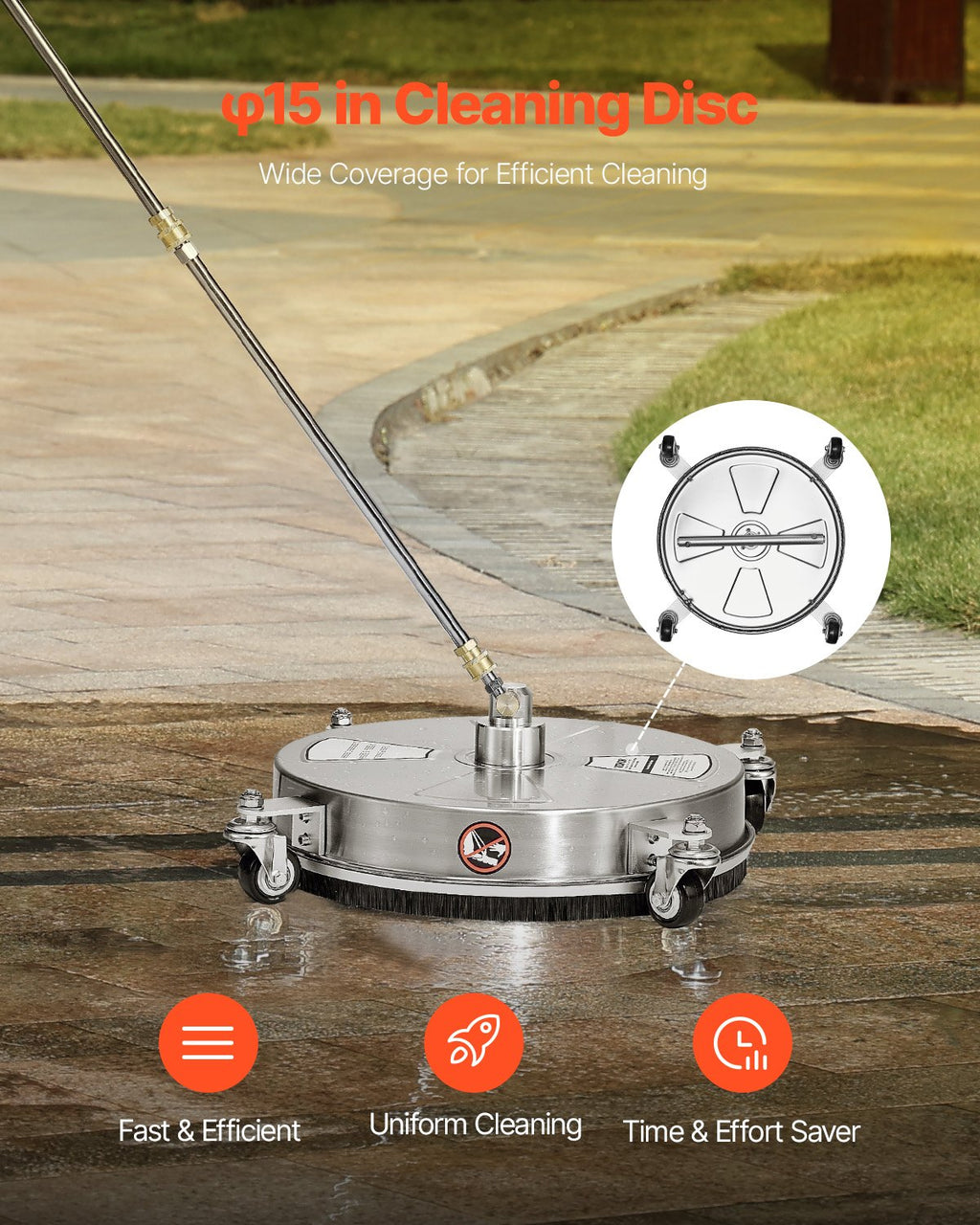 VEVOR 15" Pressure Washer Surface Cleaner 4 Wheels 4000 Max PSI 2 Extended Wands
