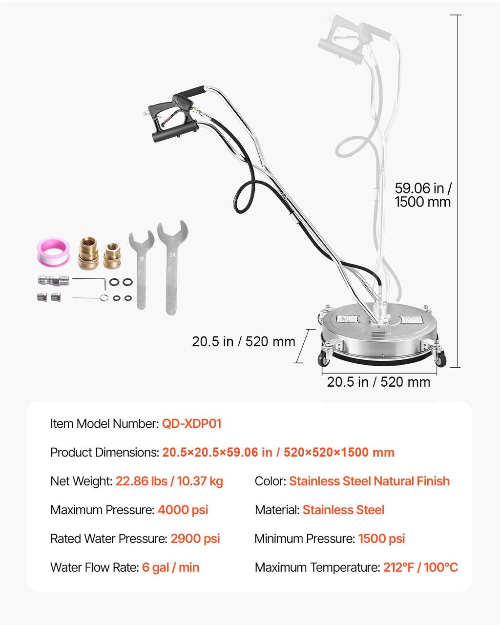 VEVOR 20" Pressure Washer Surface Cleaner, Stainless Steel Pressure Washer Attachments with 4 Wheels, 4500 Max PSI, 3/8 Quick Connector, 2 Spray Nozzles, Dual Handle, for Concrete, Patio, Sidewalk