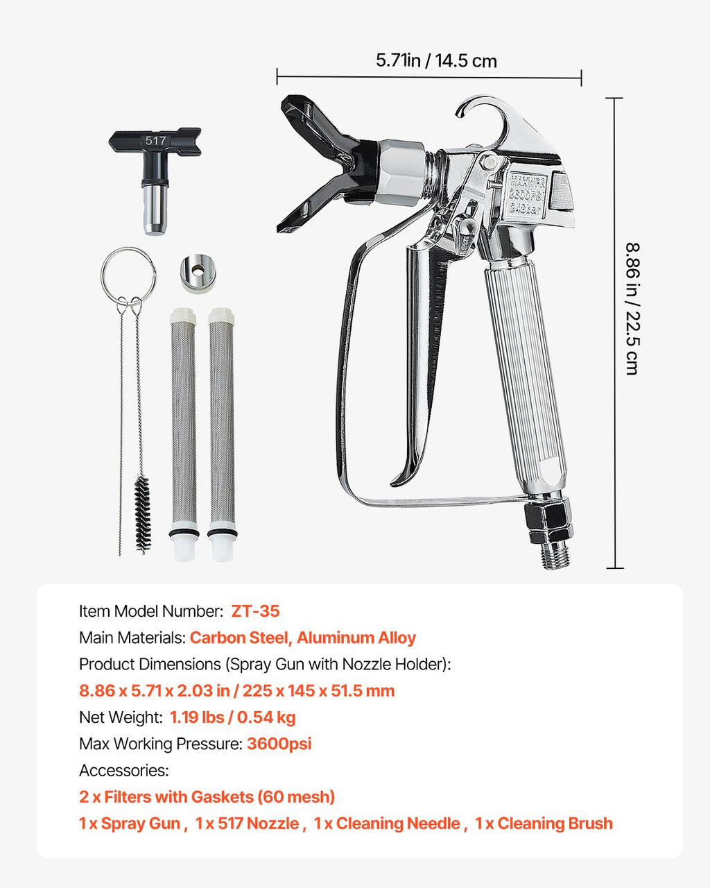 VEVOR Airless Paint Spray Gun 3600PSI High Pressure Airless Spray Gun 517 Tip