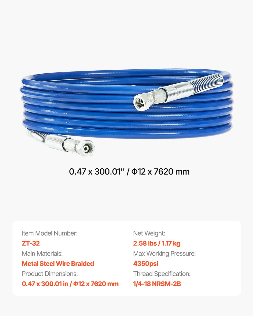 VEVOR 25ft Airless Paint Sprayer Hose 1/4 in Universal Airless Paint Spray Hose