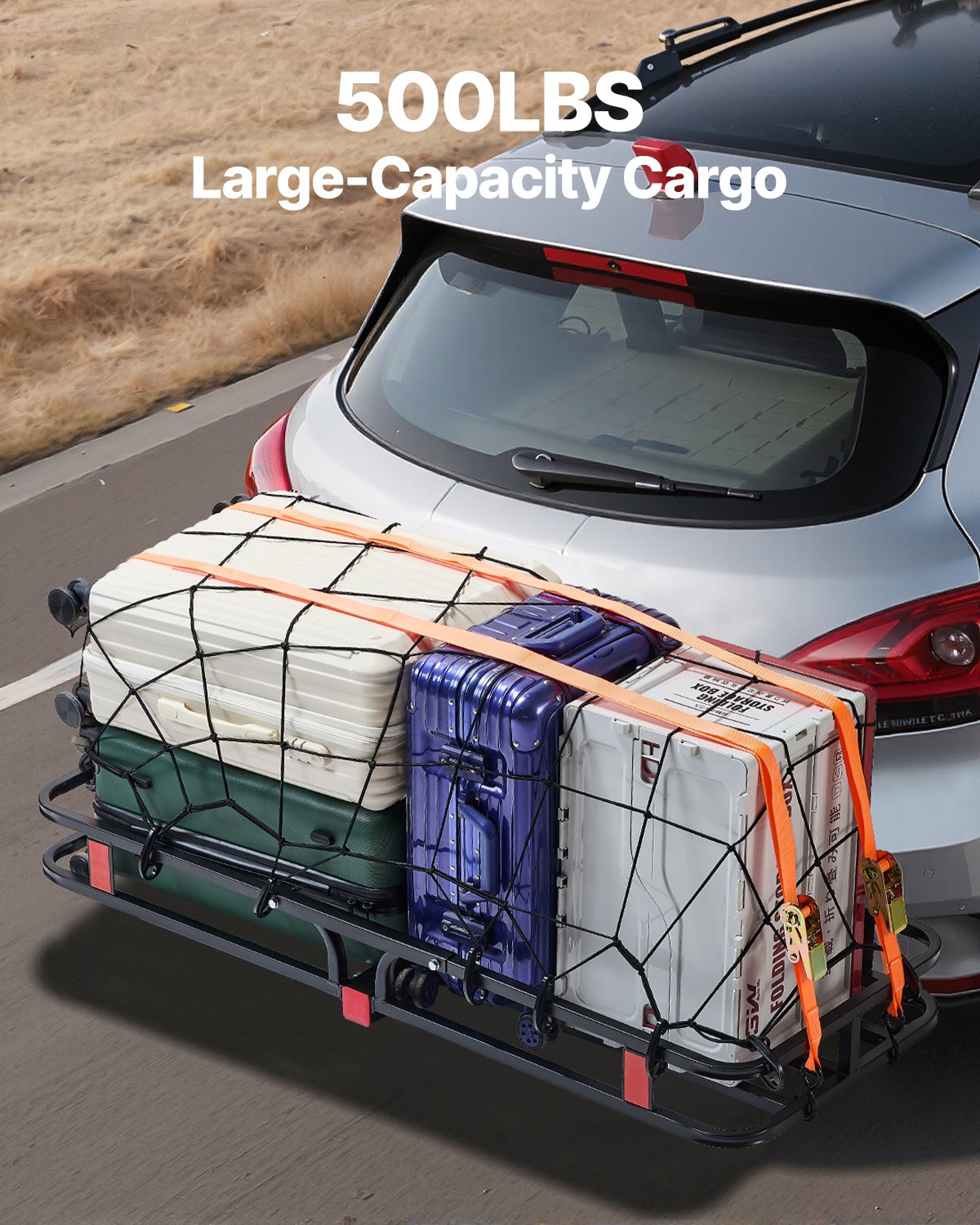 VEVOR 53" x 19" x 5", Hitch Cargo Carrier, 500 lbs Capacity Hitch Cargo Carrier with Hitch Stabilizer & Ratchet Straps, Hitch Mount Cargo Carrier with Cargo Net with Hook, Fit for SUVs
