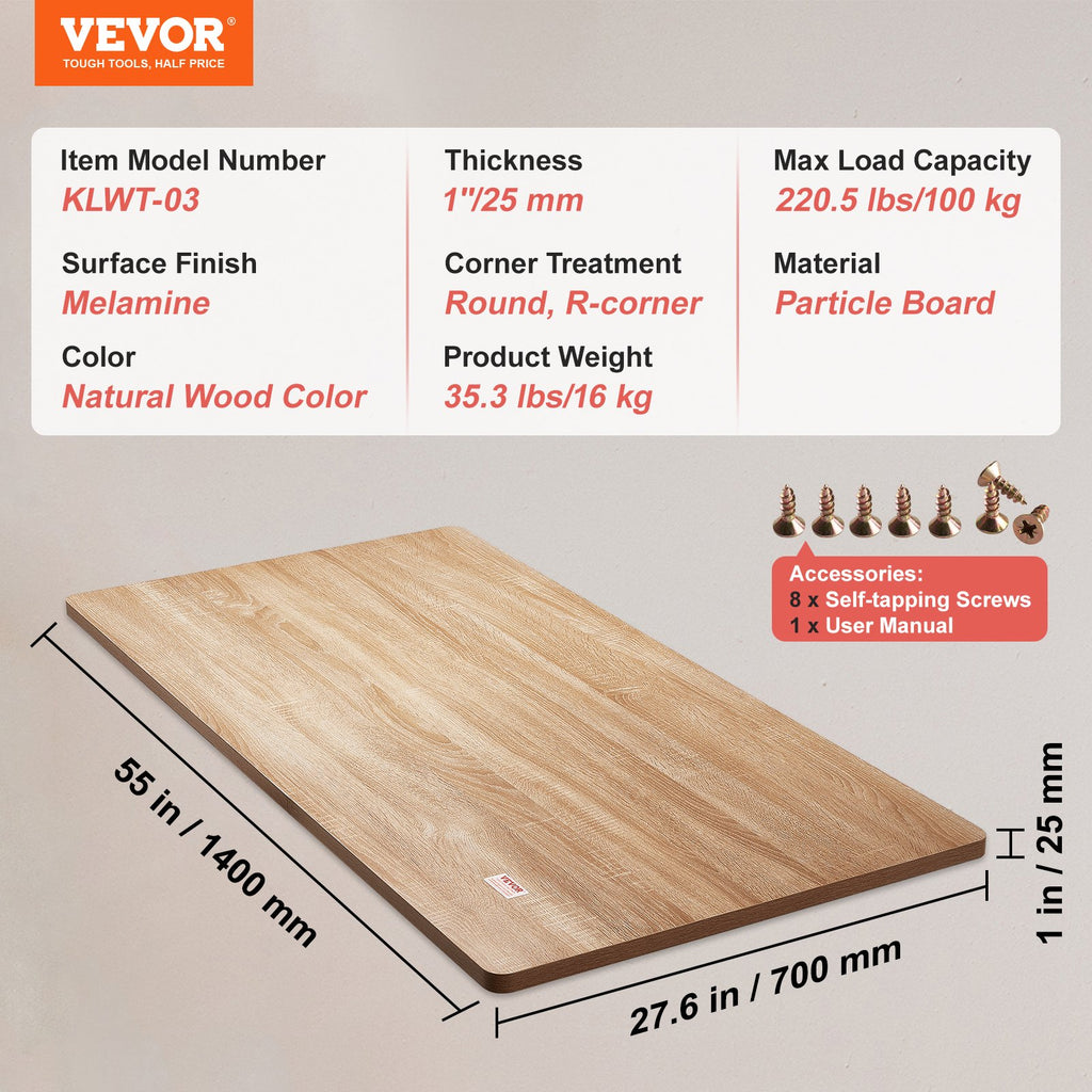 VEVOR Table Top, 55" x 27.6" x 1", 220.5 lbs Load Capacity, Universal One-Piece Particle Board Desktop for Height Adjustable Electric Standing Desk Frame, Rectangular Countertop for Home & Office Desk