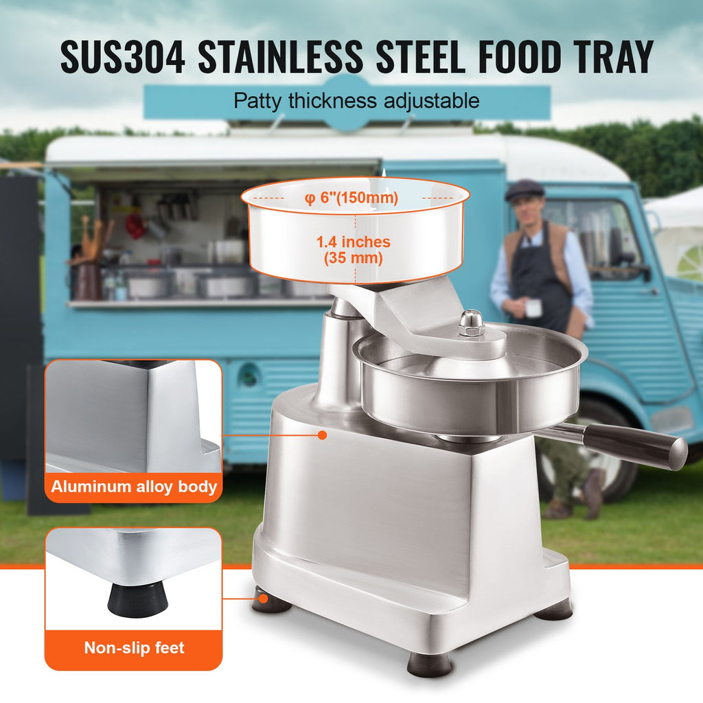VEVOR Commercial Burger Patty Maker, 150mm Hamburger Beef Patty Maker, Heavy Duty Food-Grade Stainless Steel Bowl Burger Press Machine, Kitchen Meat Forming Processor with 1000 Pcs Patty Papers