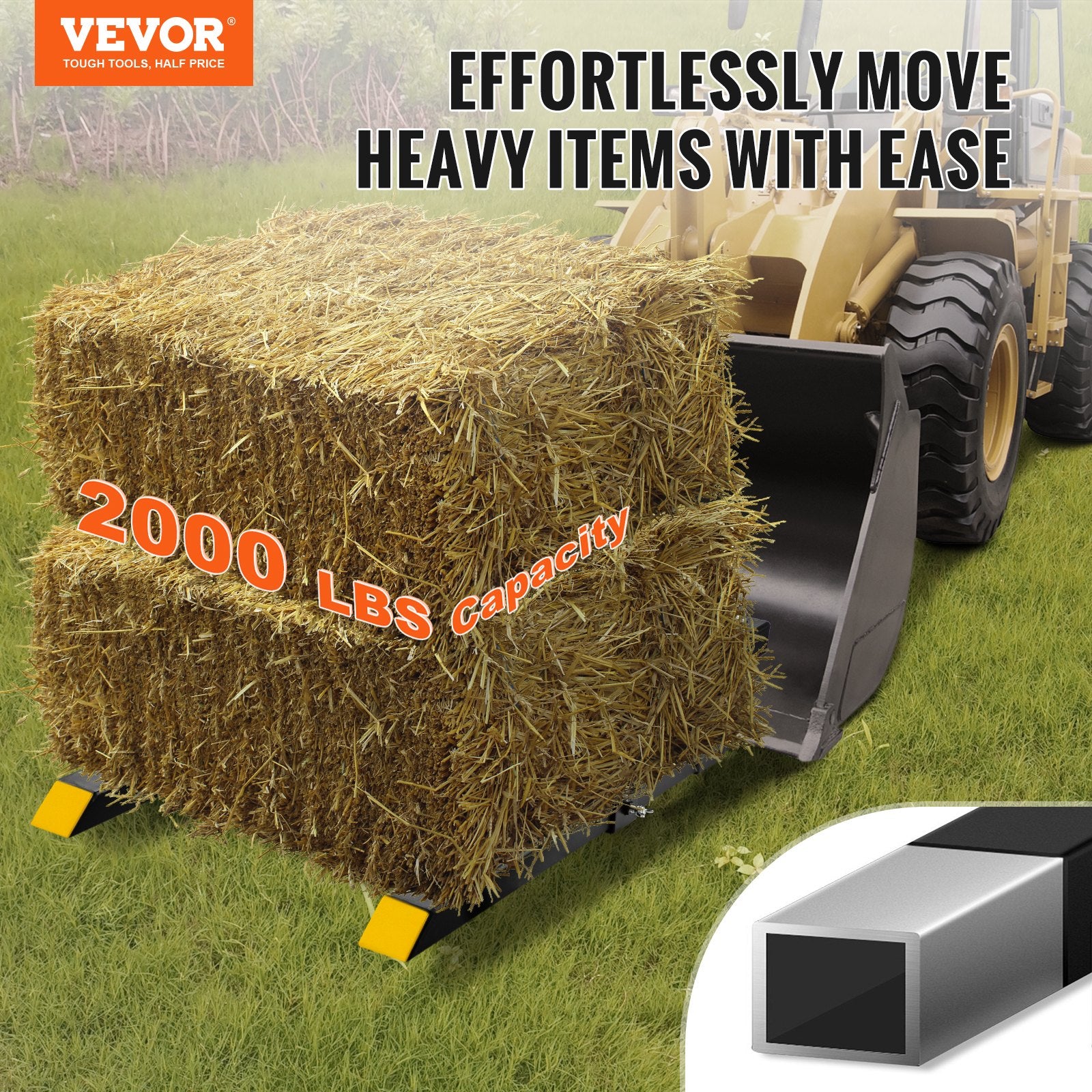 VEVOR Pallet Forks, 907 kg Clamp on Pallet Forks, 1090 mm Total Length Tractor Bucket Forks with Adjustable Stabilizer bar, Heavy Duty Pallet Forks for Tractor Attachments, Skid Steer, Loader Bucket